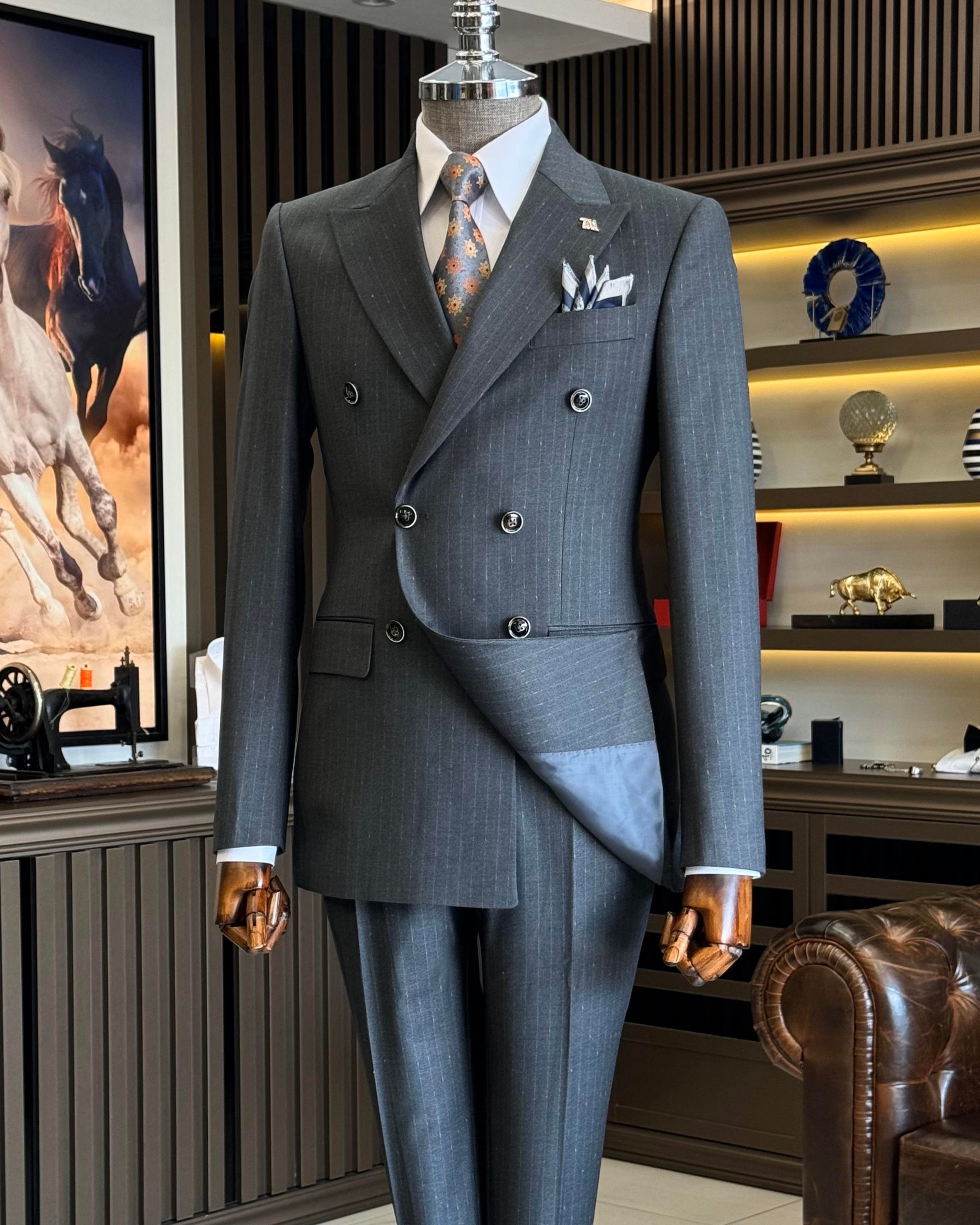Italian style slim fit striped double breasted jacket trouser suit