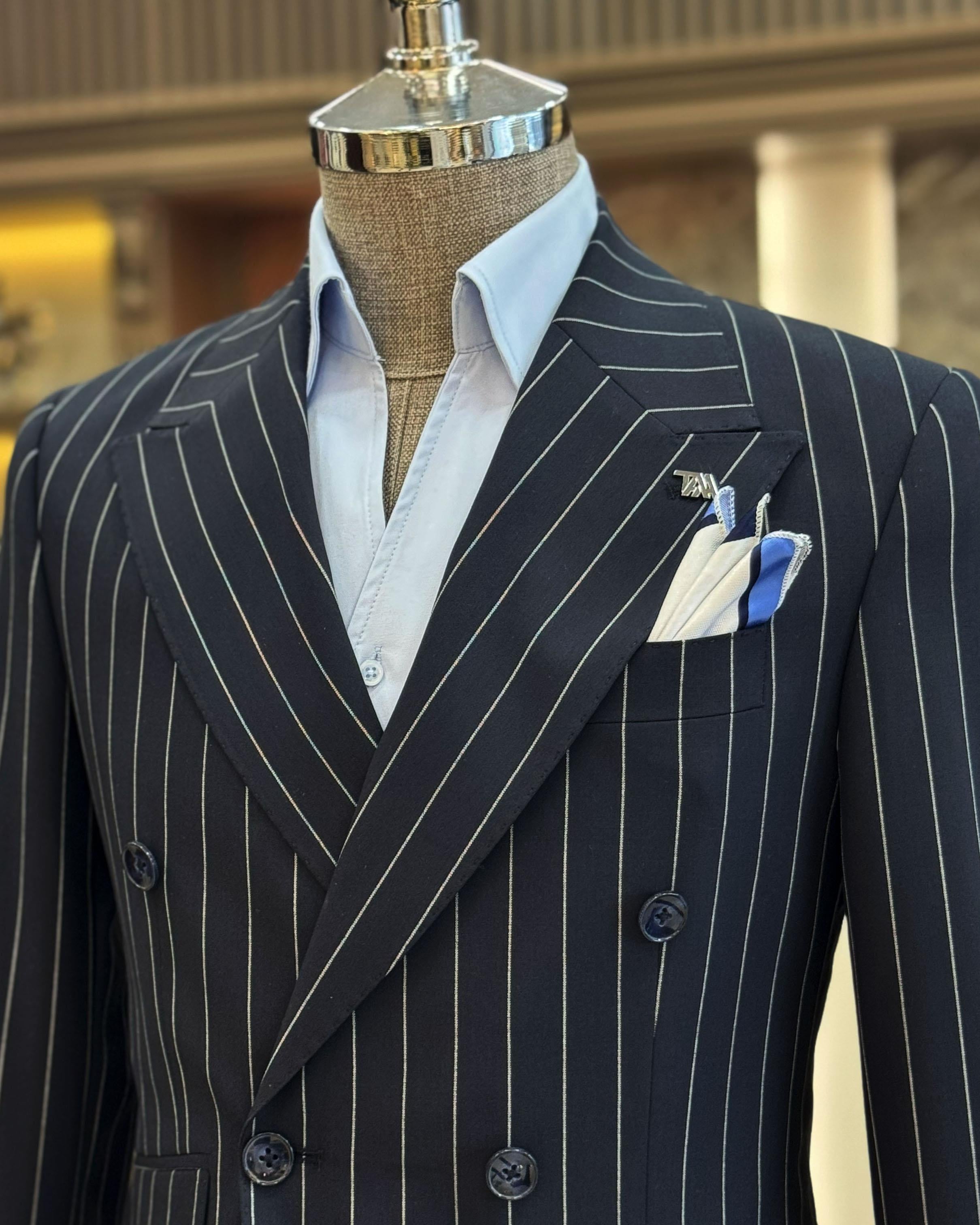 Italian style slim fit striped double breasted jacket trouser suit