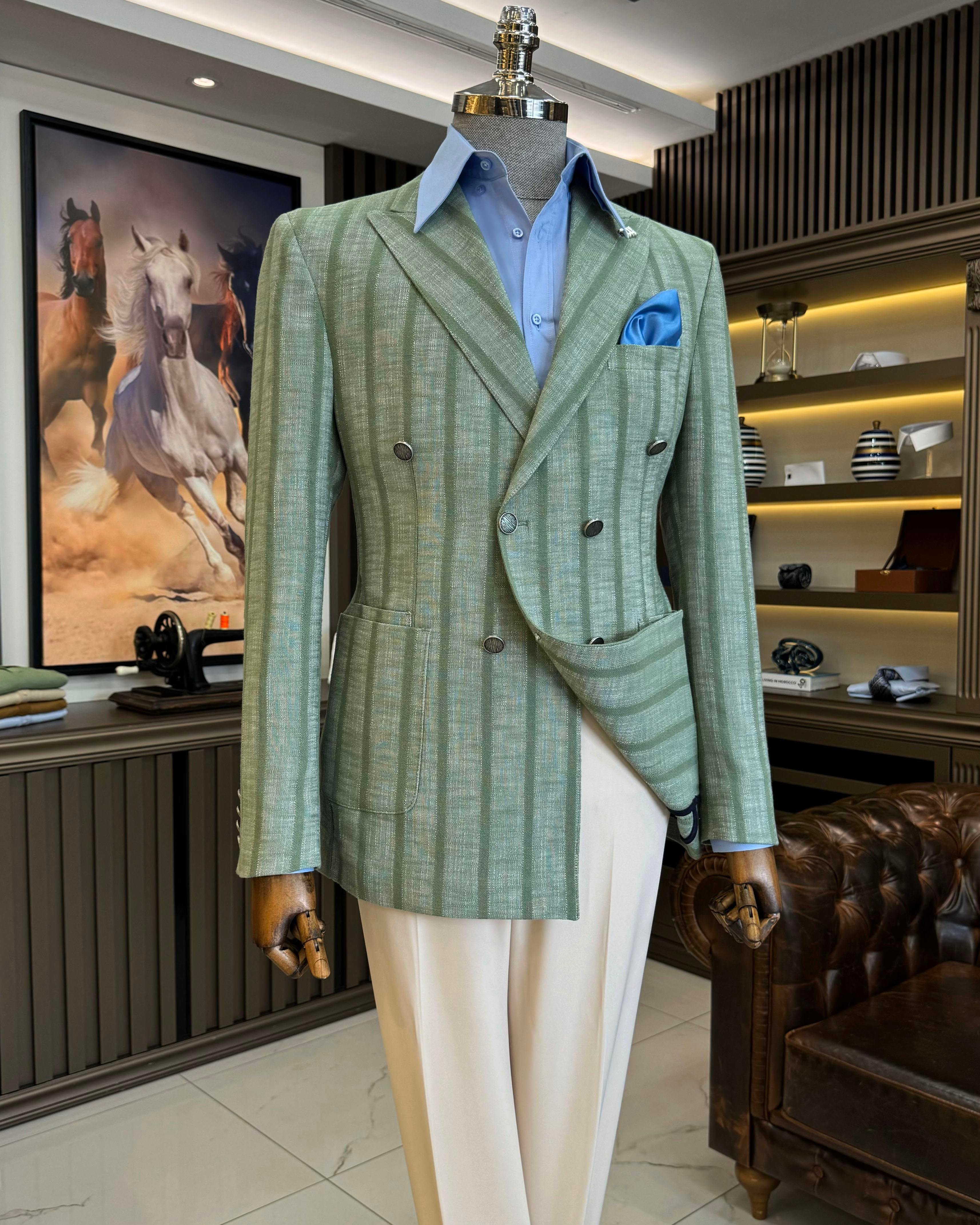 Italian style slim fit striped double breasted men's jacket green