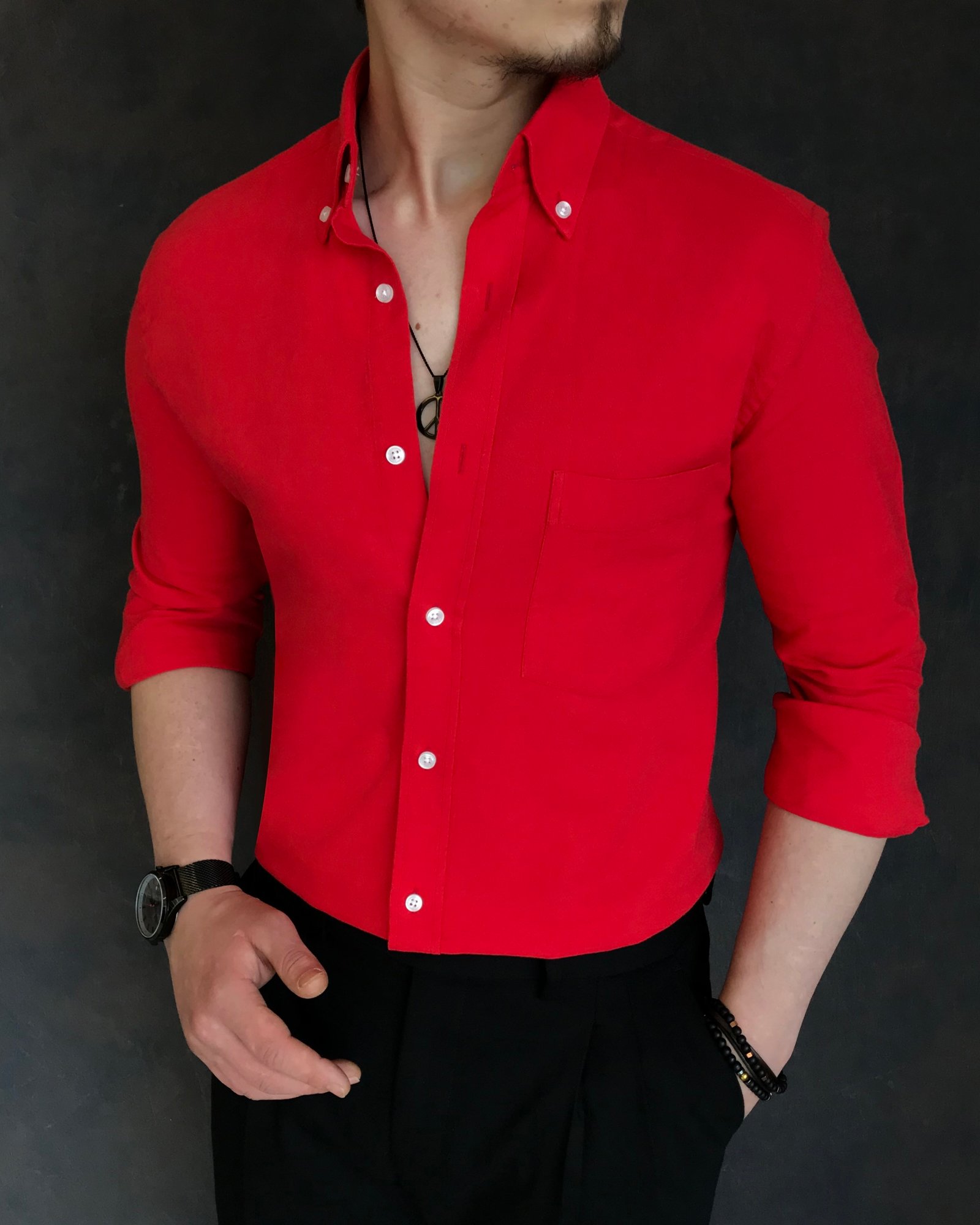 italyan stil slim fit dik yaka organik saf keten erkek gömlek kırmızı T5944