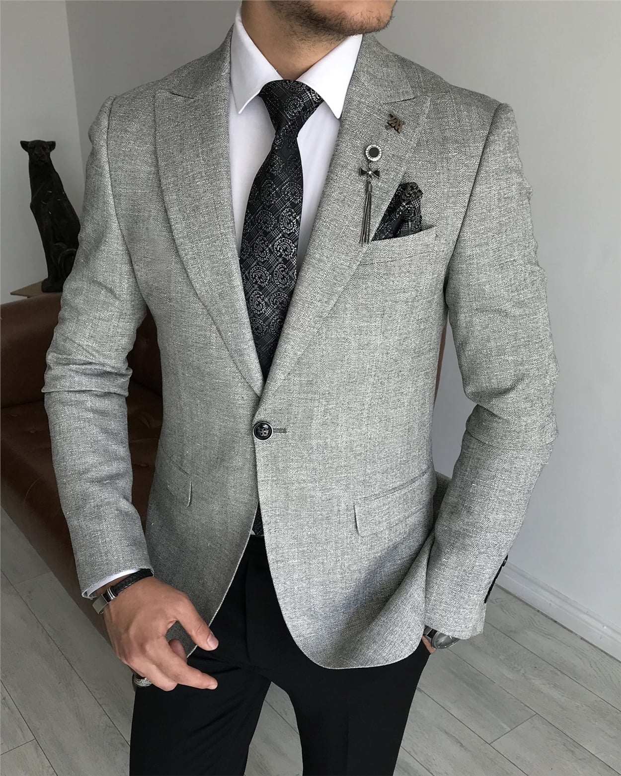 TerziAdemAltun İtalyan stil slim fit erkek blazer tek ceket Gri T7592