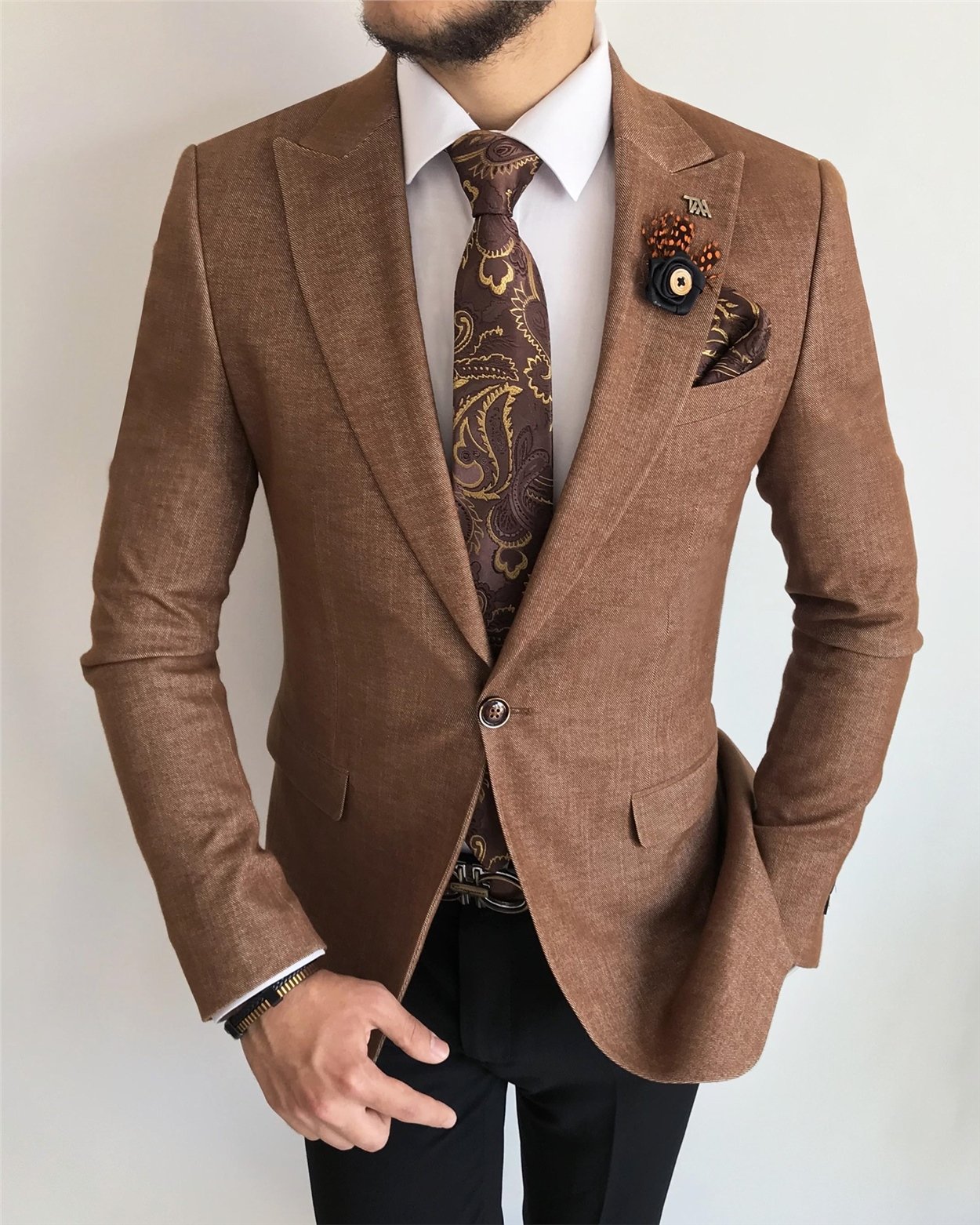 İtalyan stil slim fit erkek blazer tek ceket Kahverengi T7598