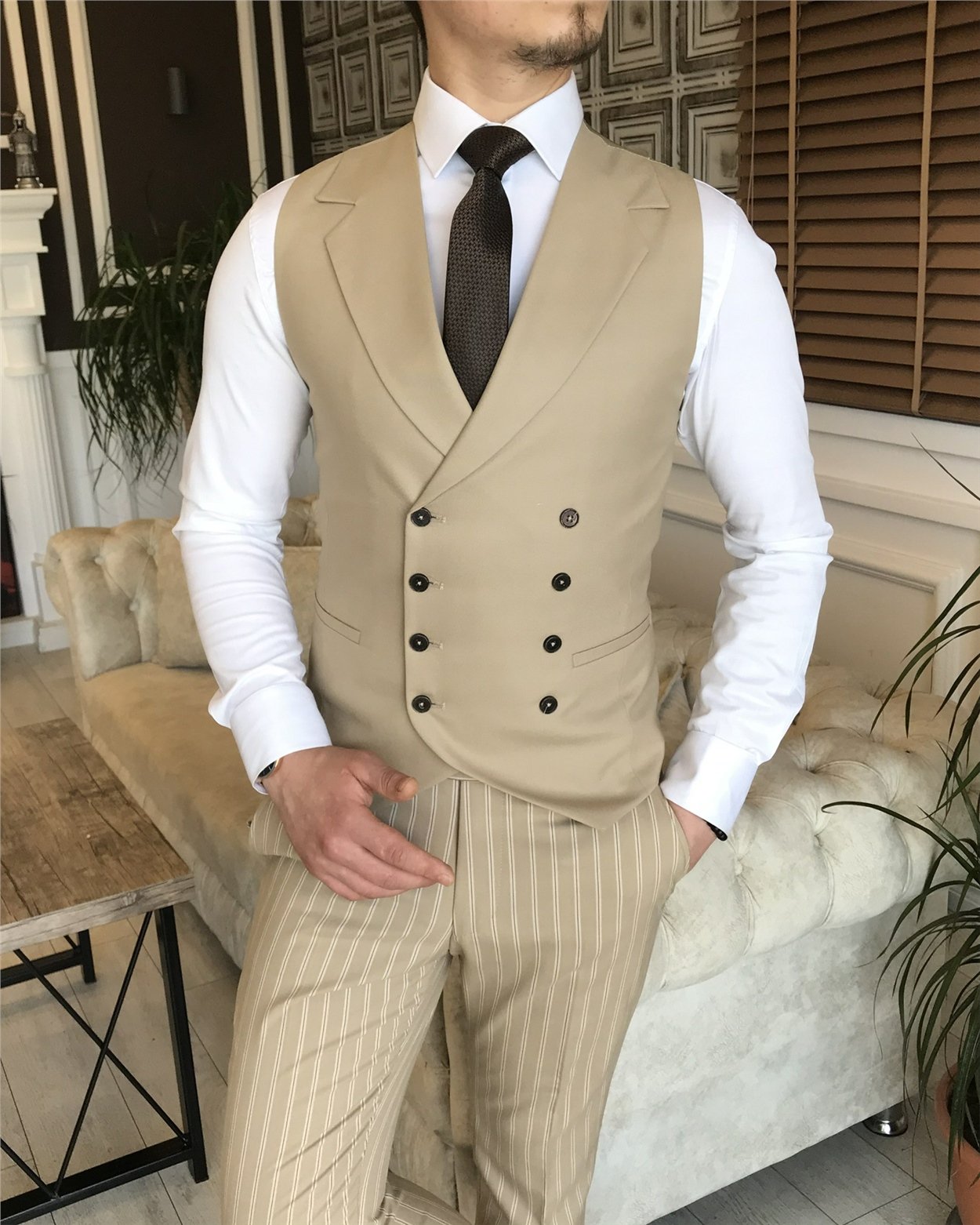 İtalyan stil slim fit erkek ceket yelek pantolon takım elbise bej T5941