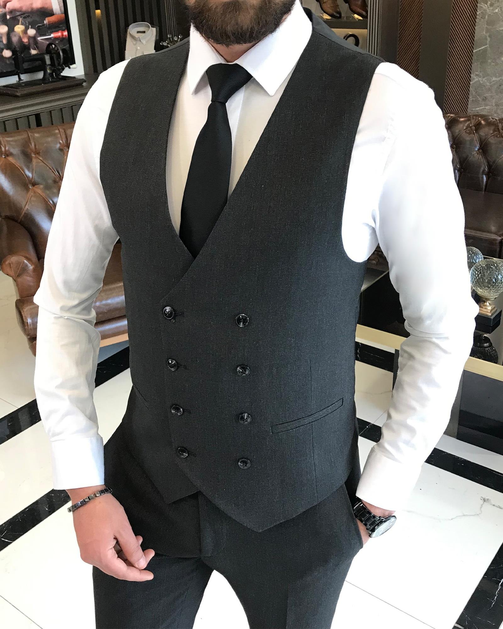 İtalyan stil slim fit erkek ceket yelek pantolon takım elbise siyah T9530