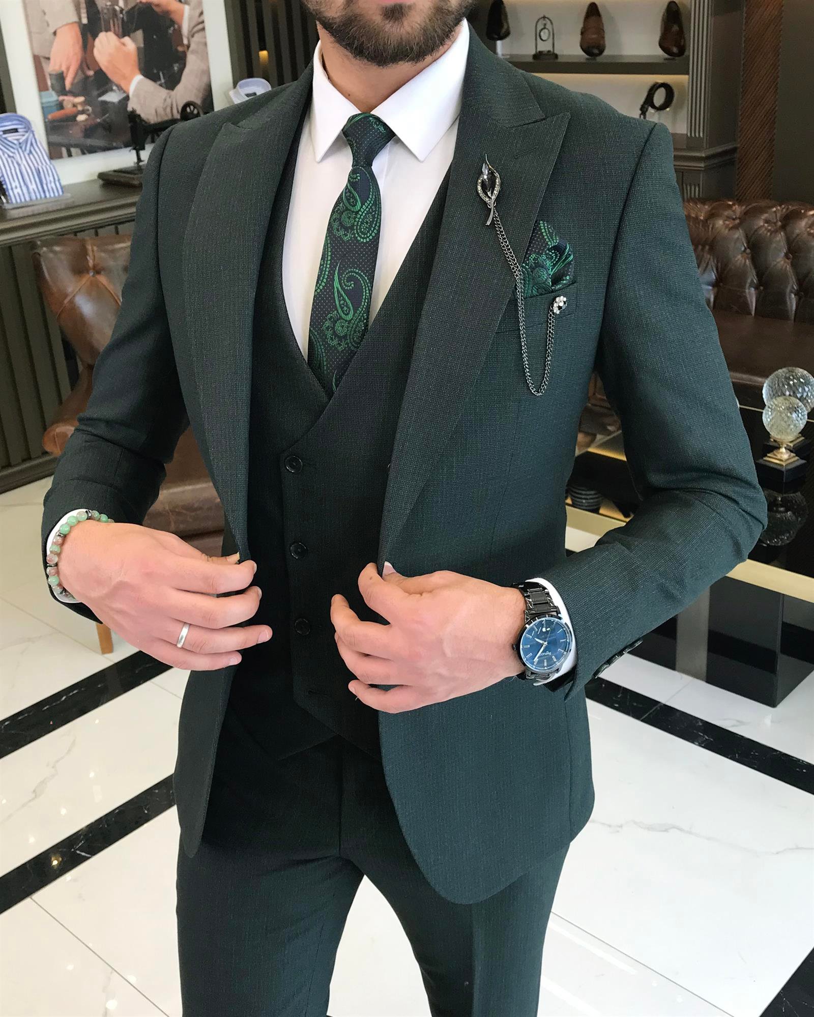 İtalyan stil slim fit erkek ceket yelek pantolon takım elbise yeşil T9533