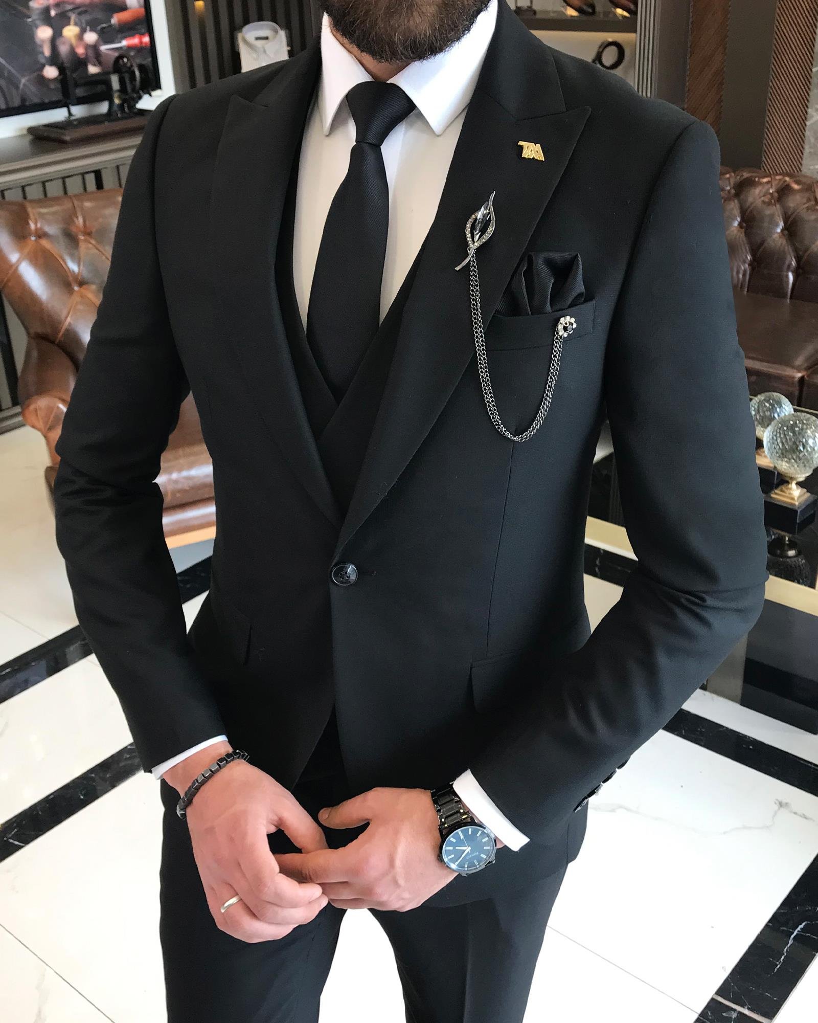 İtalyan stil slim fit erkek ceket yelek pantolon takım elbise siyah T9531