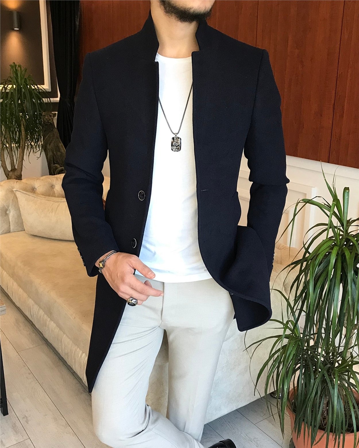 TerziAdemAltun İtalyan stil slim fit erkek dik mono yaka yün kaşe