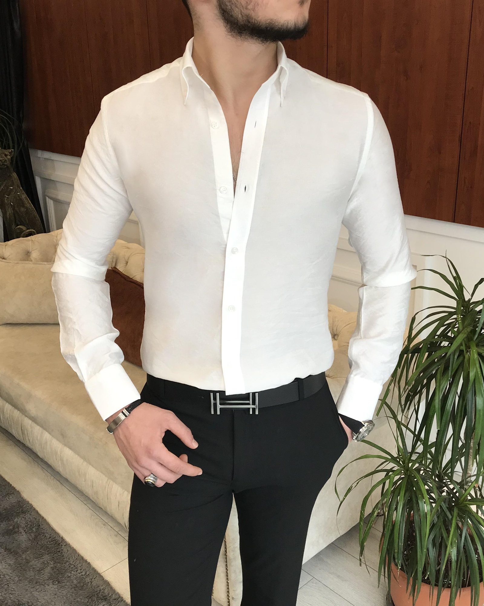 İtalyan stil slim fit erkek dik yaka gömlek beyaz T7091
