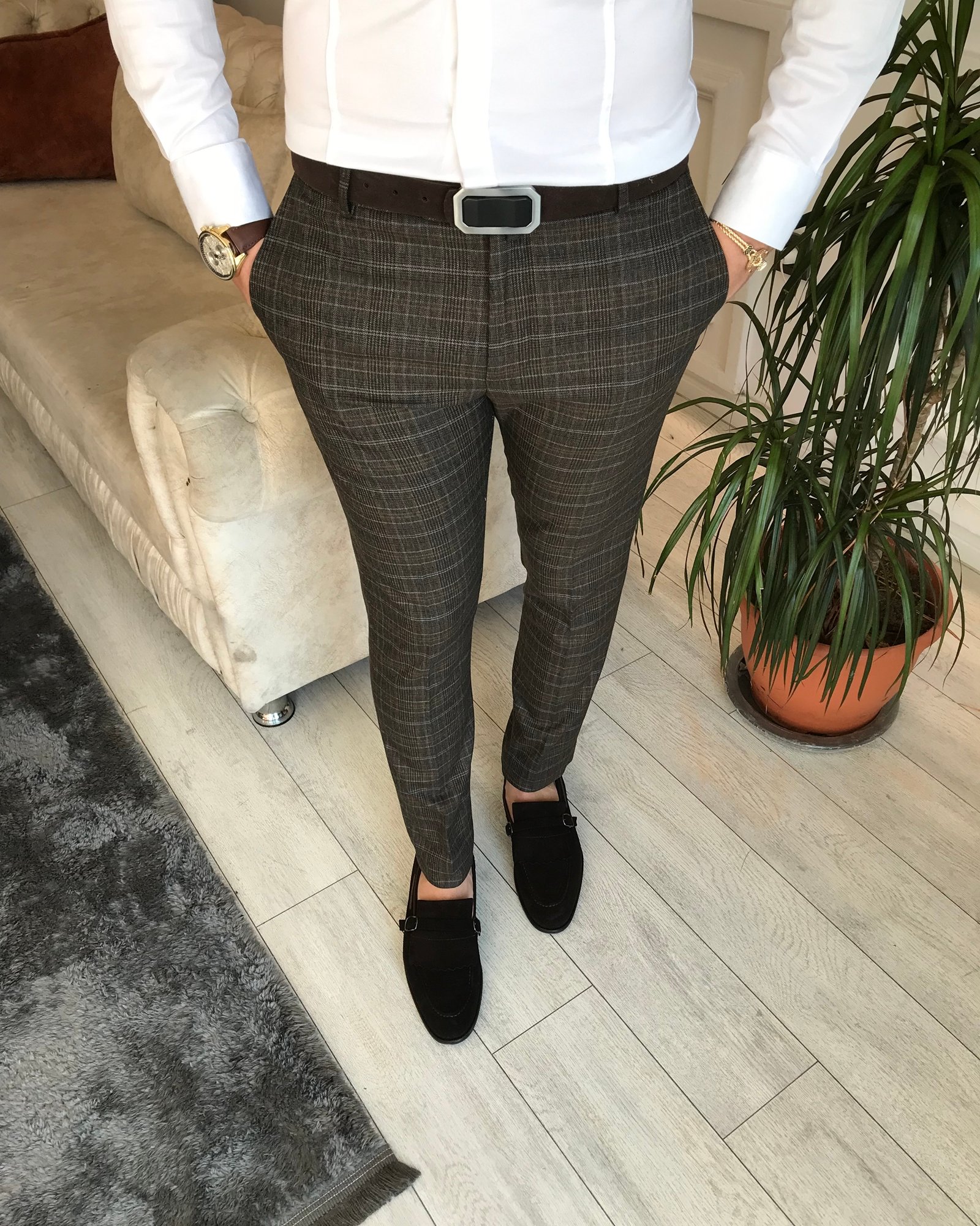 İtalyan stil slim fit erkek ekose kumaş pantolon Kahverengi T6621