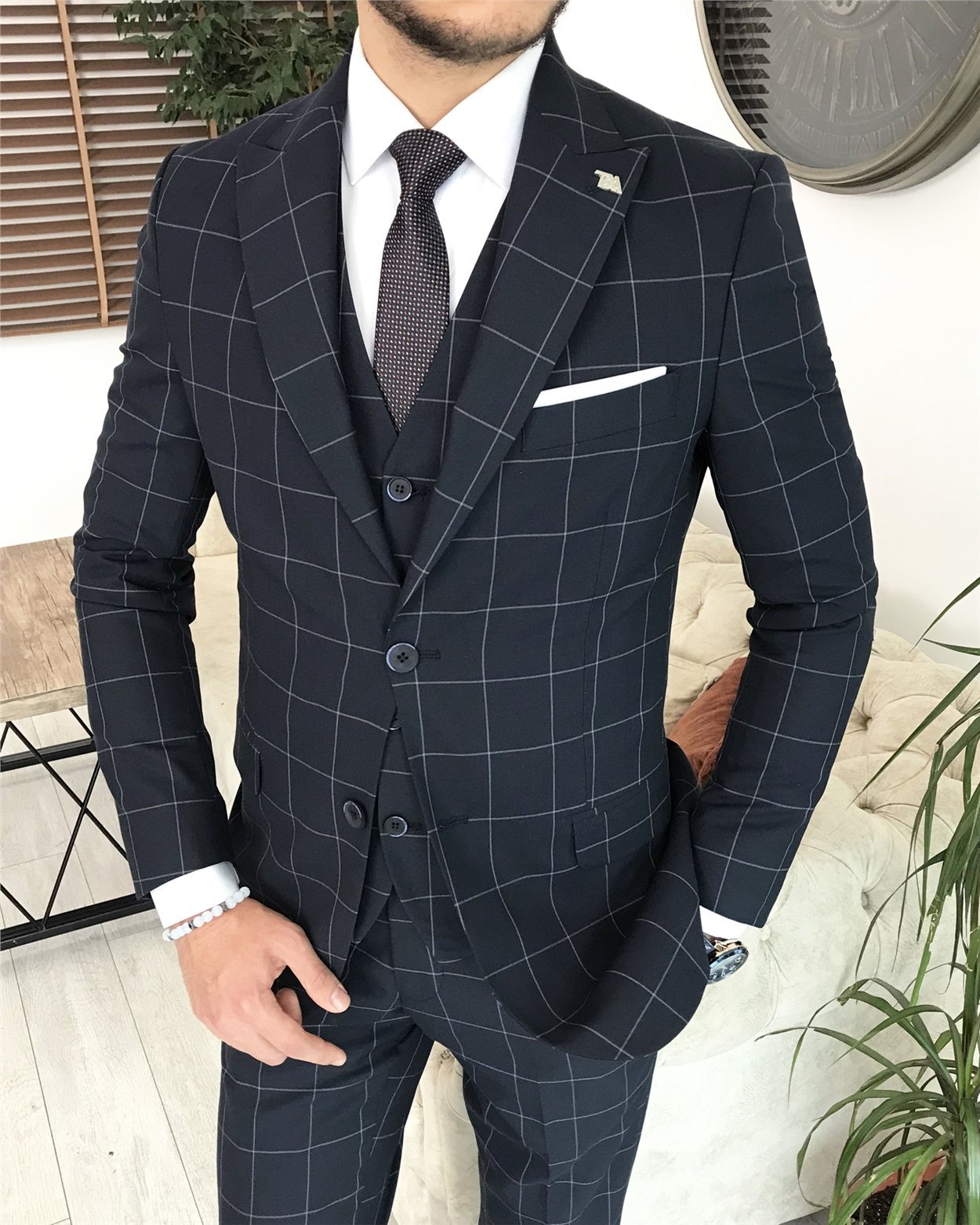 İtalyan stil slim fit erkek kareli ceket yelek pantolon takım elbise  Lacivert T8183