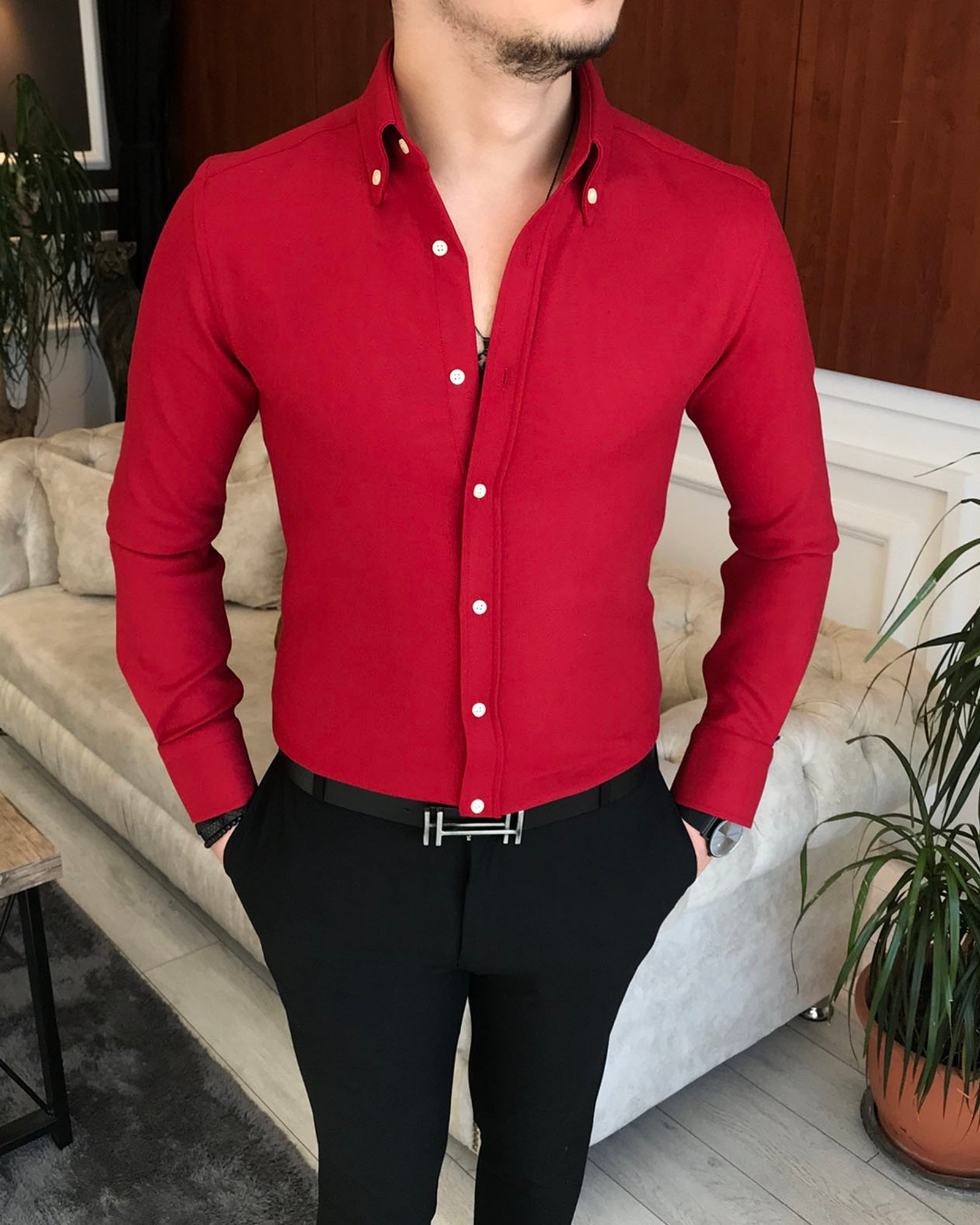 italyan stil slim fit erkek kışlık gömlek kırmızı T6718