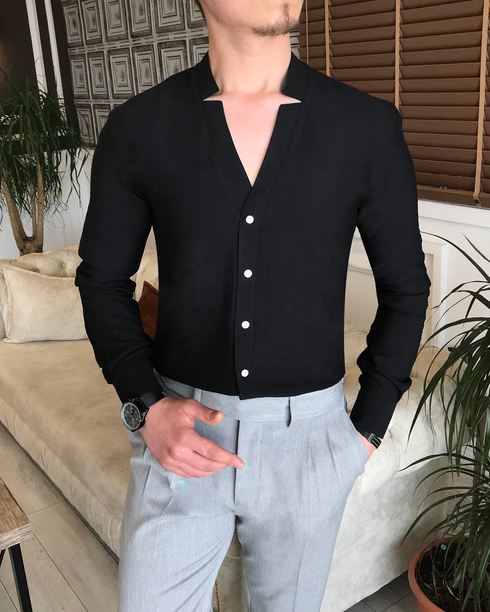İtalyan stil slim fit erkek likralı hakim yaka gömlek Siyah T5923
