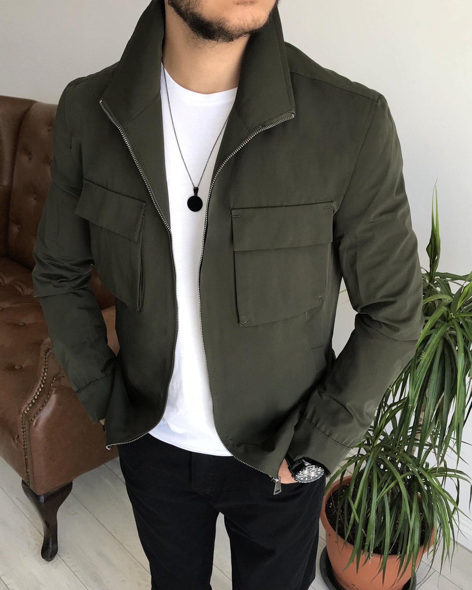 Italian Style Slim Fit Male Seasonal Bomber Jacket Khaki T7866