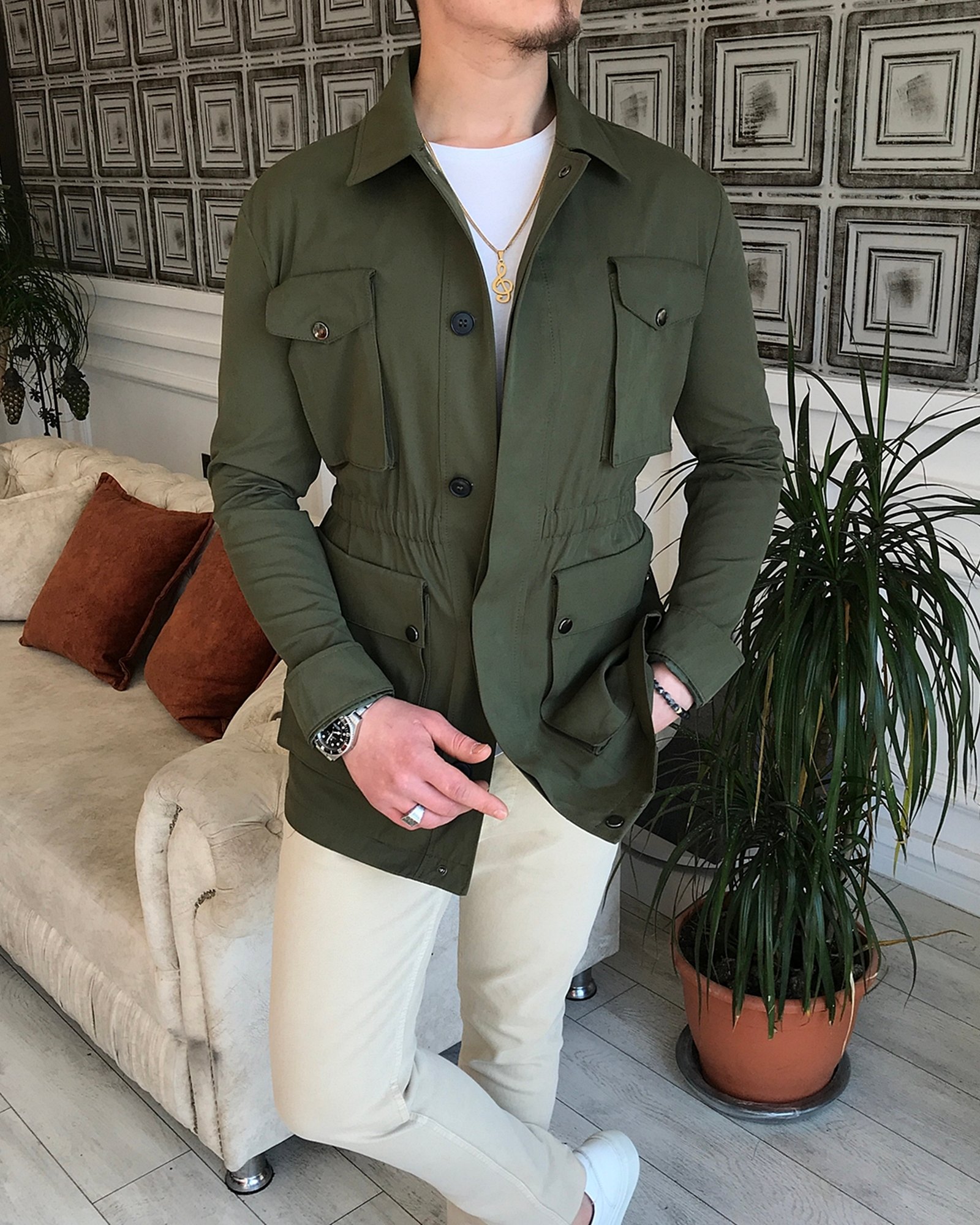 Italian Style Slim Fit Men's Seasonal Safari Jacket Khaki T5442