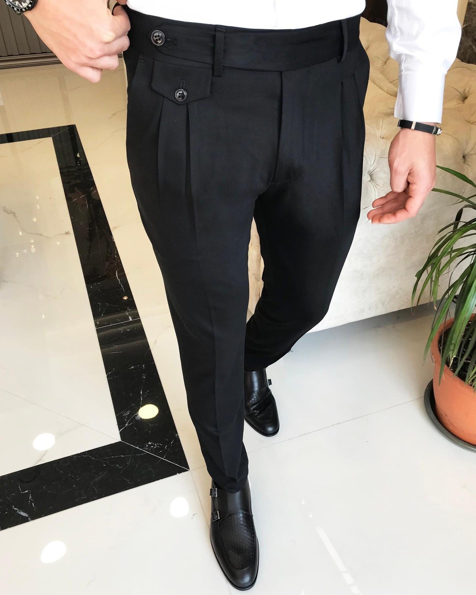 İtalyan stil slim fit erkek pileli kumaş pantolon Siyah T5287