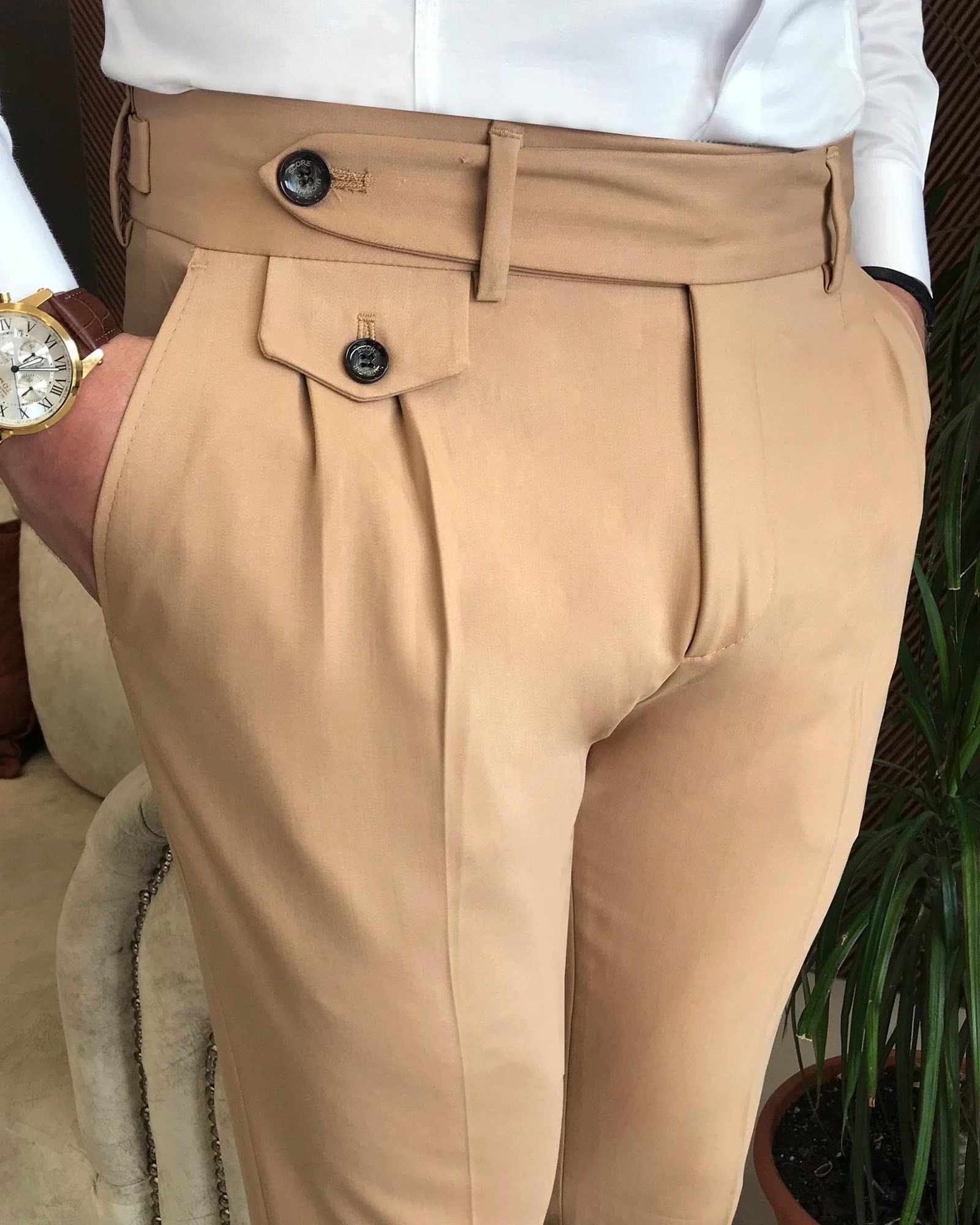 İtalyan stil slim fit erkek pileli kumaş pantolon Camel T5289