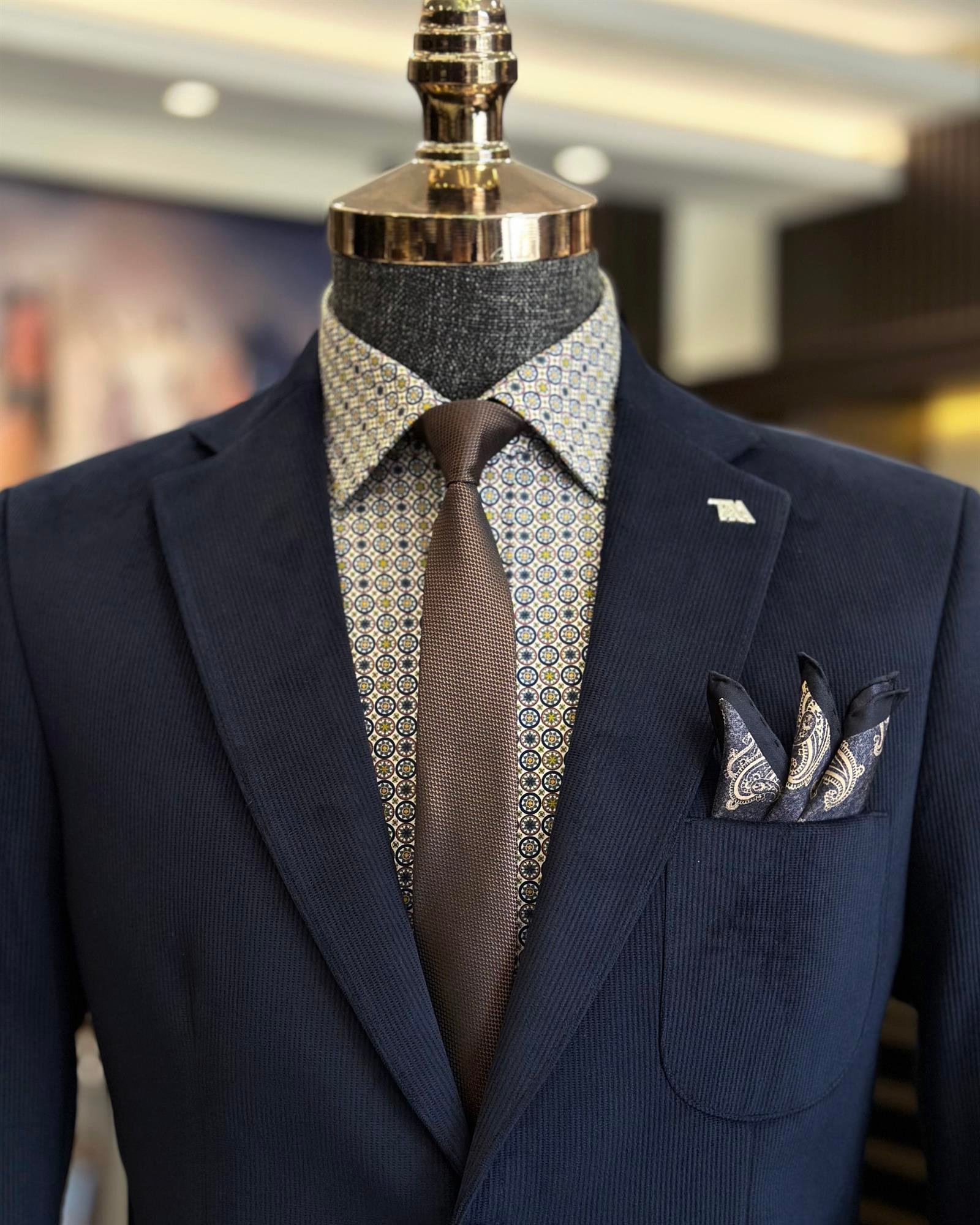 Italian style slim fit velvet mono collar men's jacket navy blue T10149
