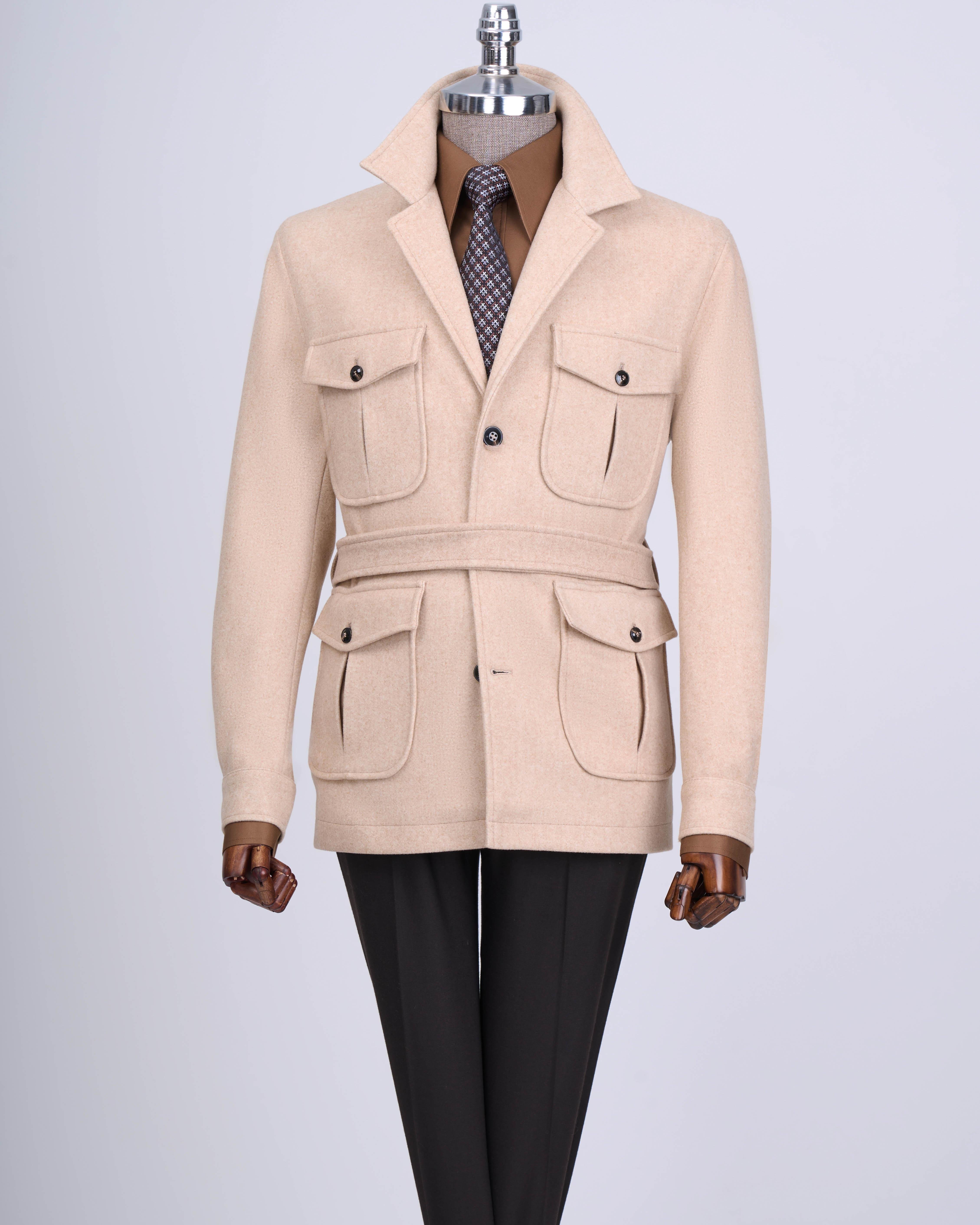 Italian style slim fit cashmere sports single jacket men beige T13552