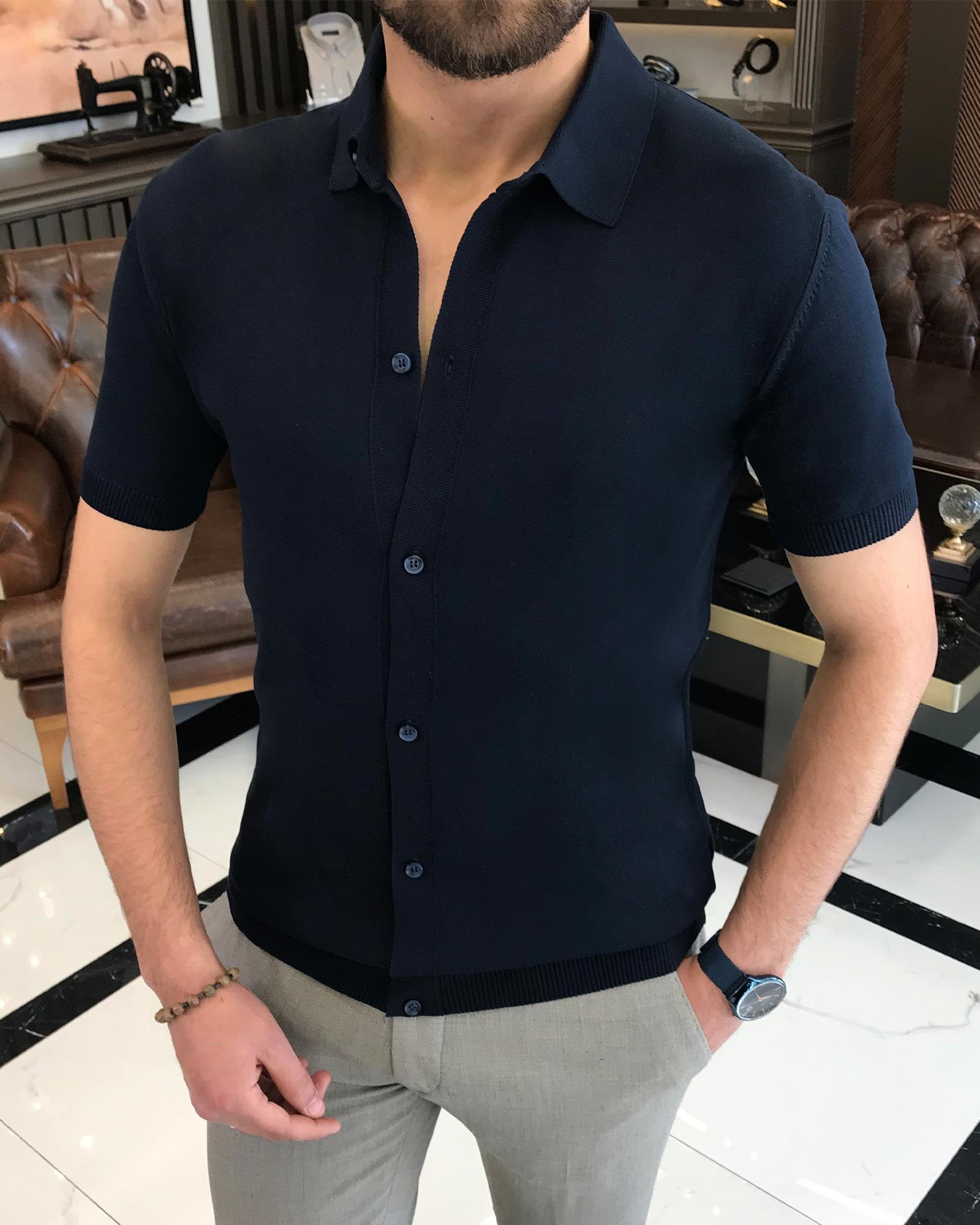 italyan stil slim fit kısa kollu triko erkek gömlek lacivert T9489