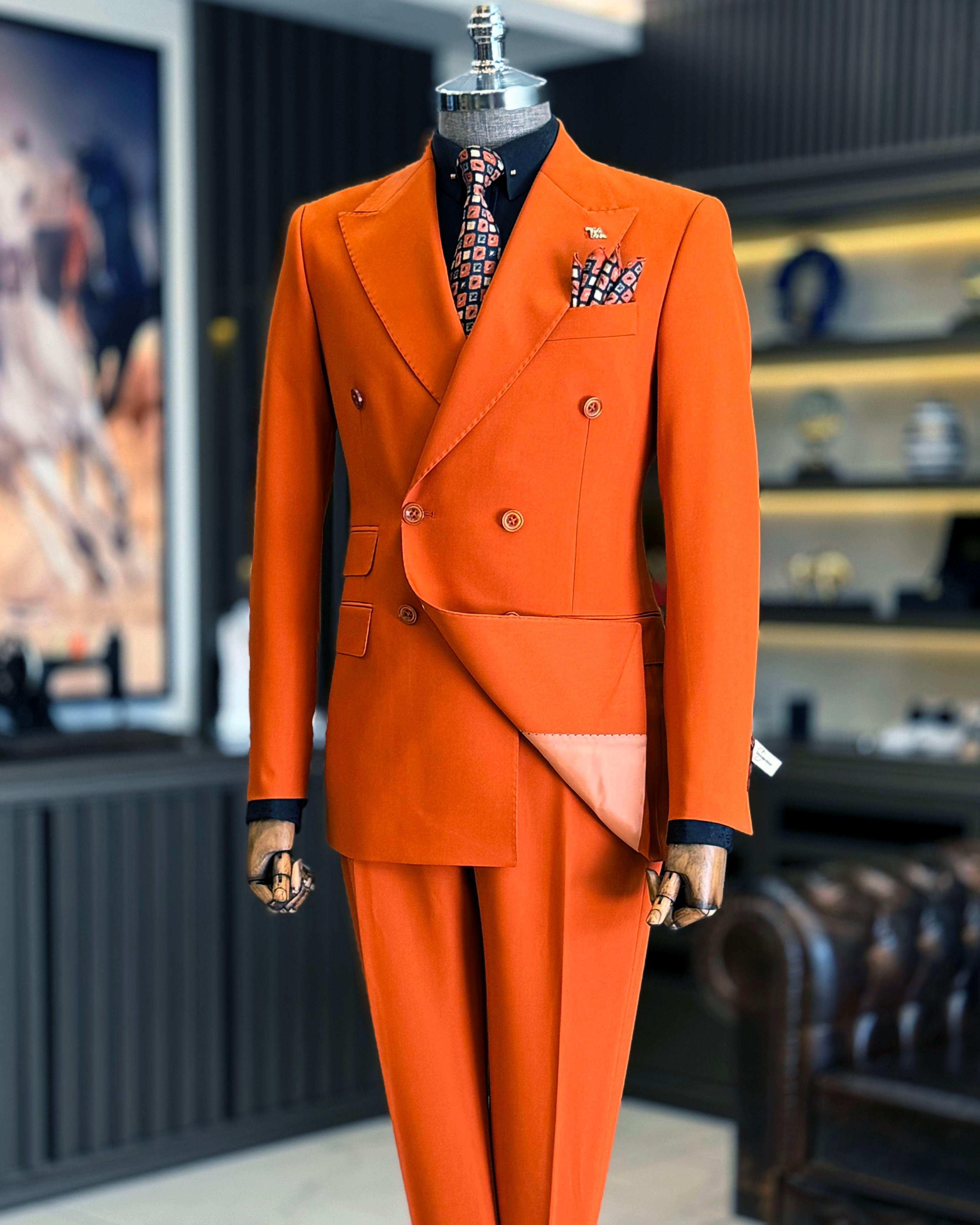 Italian style slim fit double breasted jacket trouser suit orange