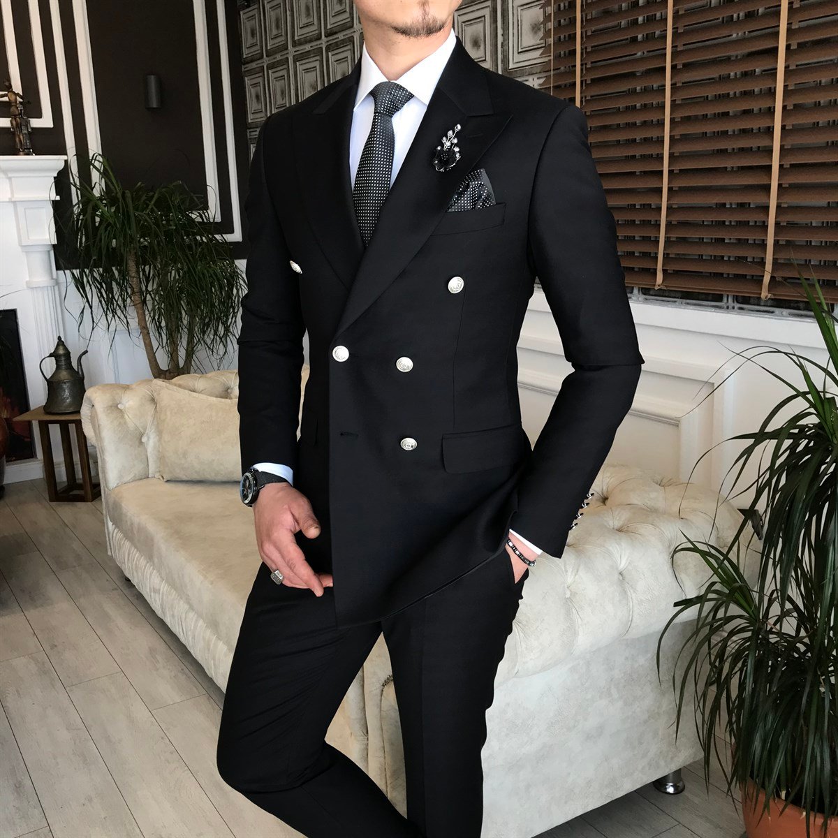 İtalyan stil slim fit kruvaze ceket pantolon takım elbise siyah T6134
