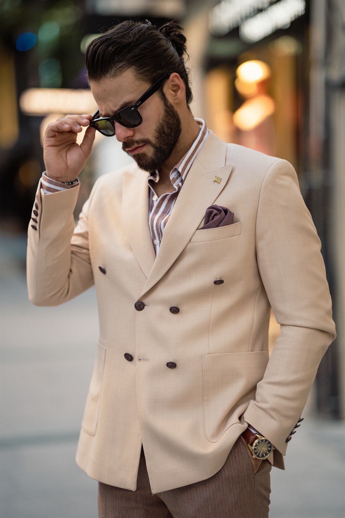 İtalyan stil slim fit kruvaze erkek blazer tek ceket Bej T7678