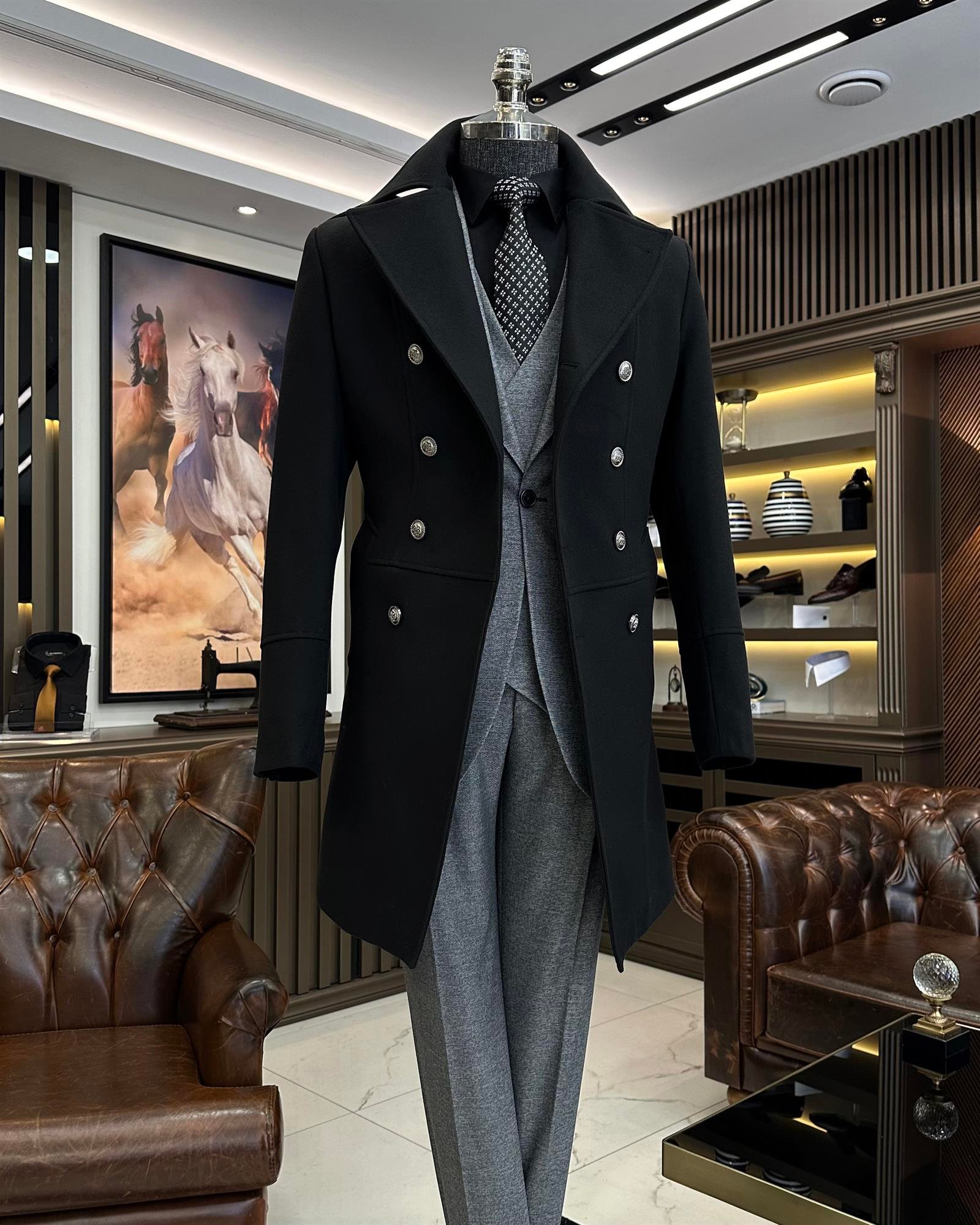 Italian style slim fit double-breasted cashmere coat black T10018