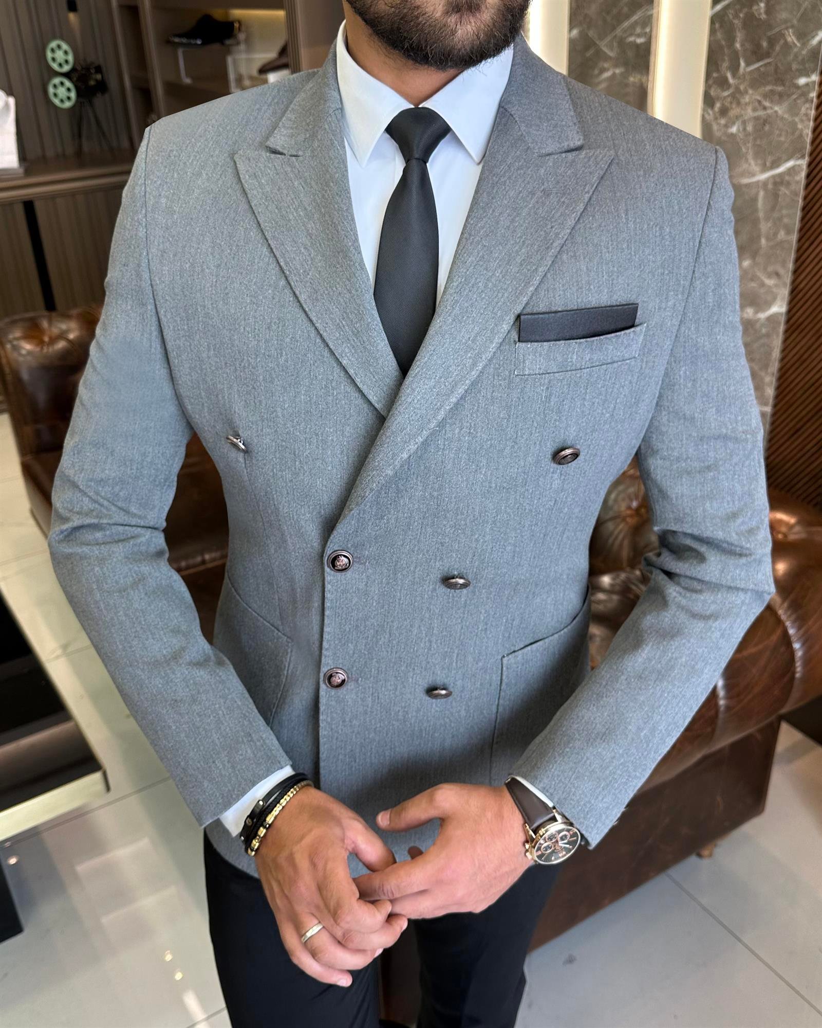 Italian style slim fit double breasted pouch pocket men's jacket