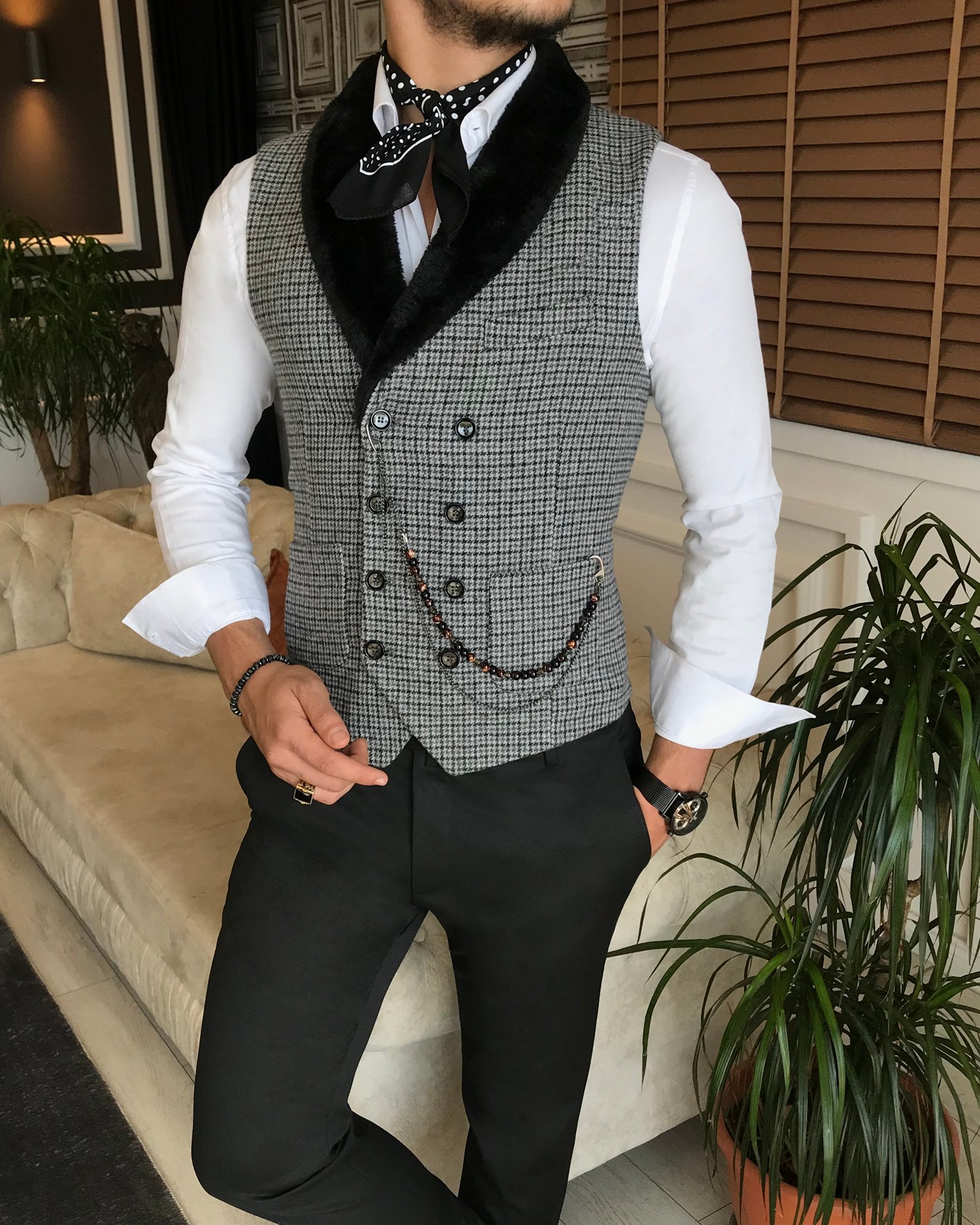 Italian Style Slim Fit Furry Waistcoat Multi Colored T6366