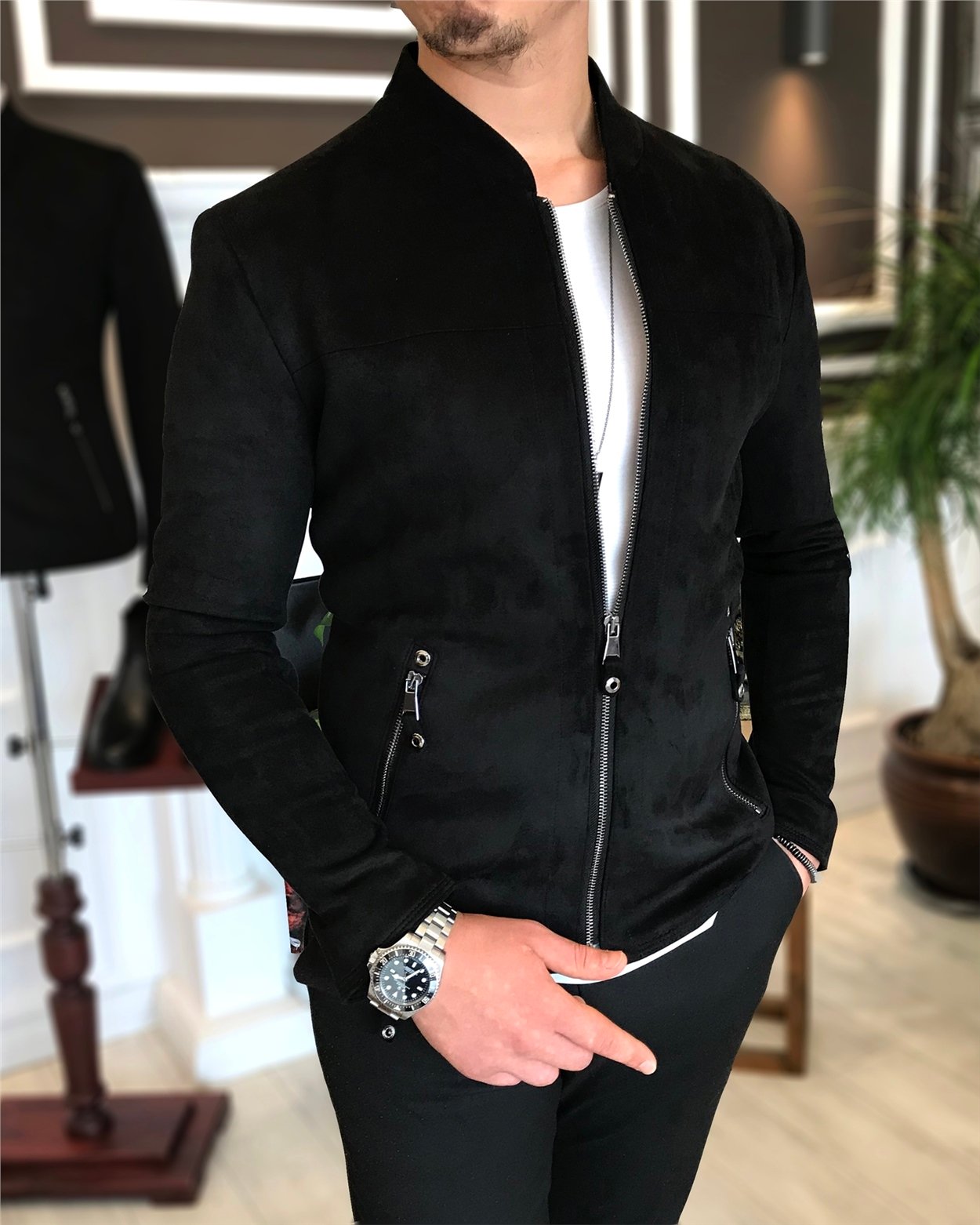 Italian Style Slim Fit Seasonal Men's Suede Coat Thin Jacket Black T4907