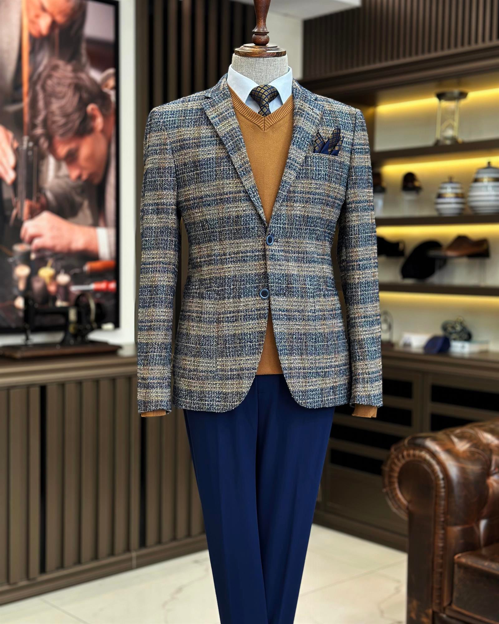 TerziAdemAltun İtalyan stil slim fit mono yaka ekose erkek ceket