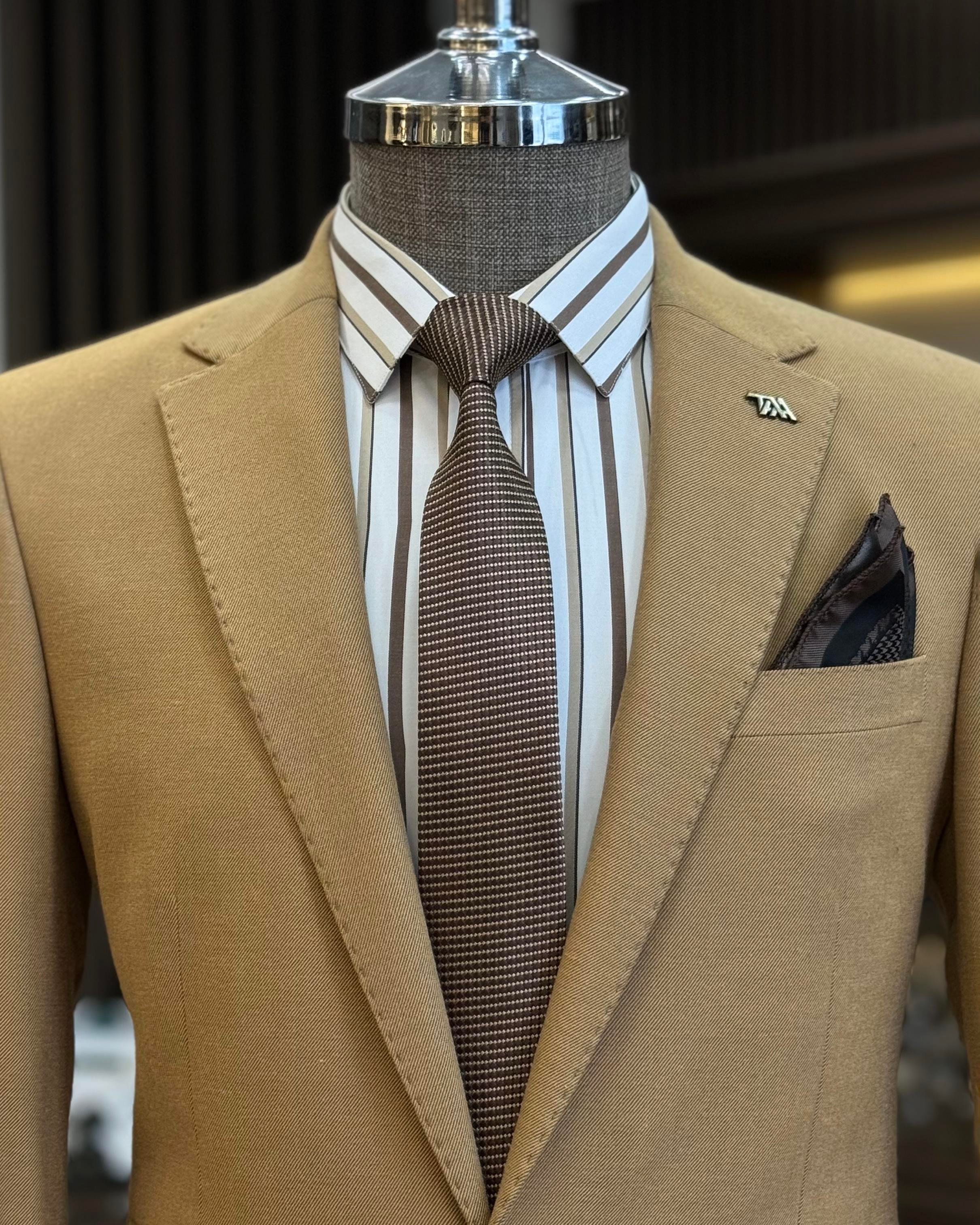 TerziAdemAltun İtalyan stil slim fit mono yaka erkek ceket camel