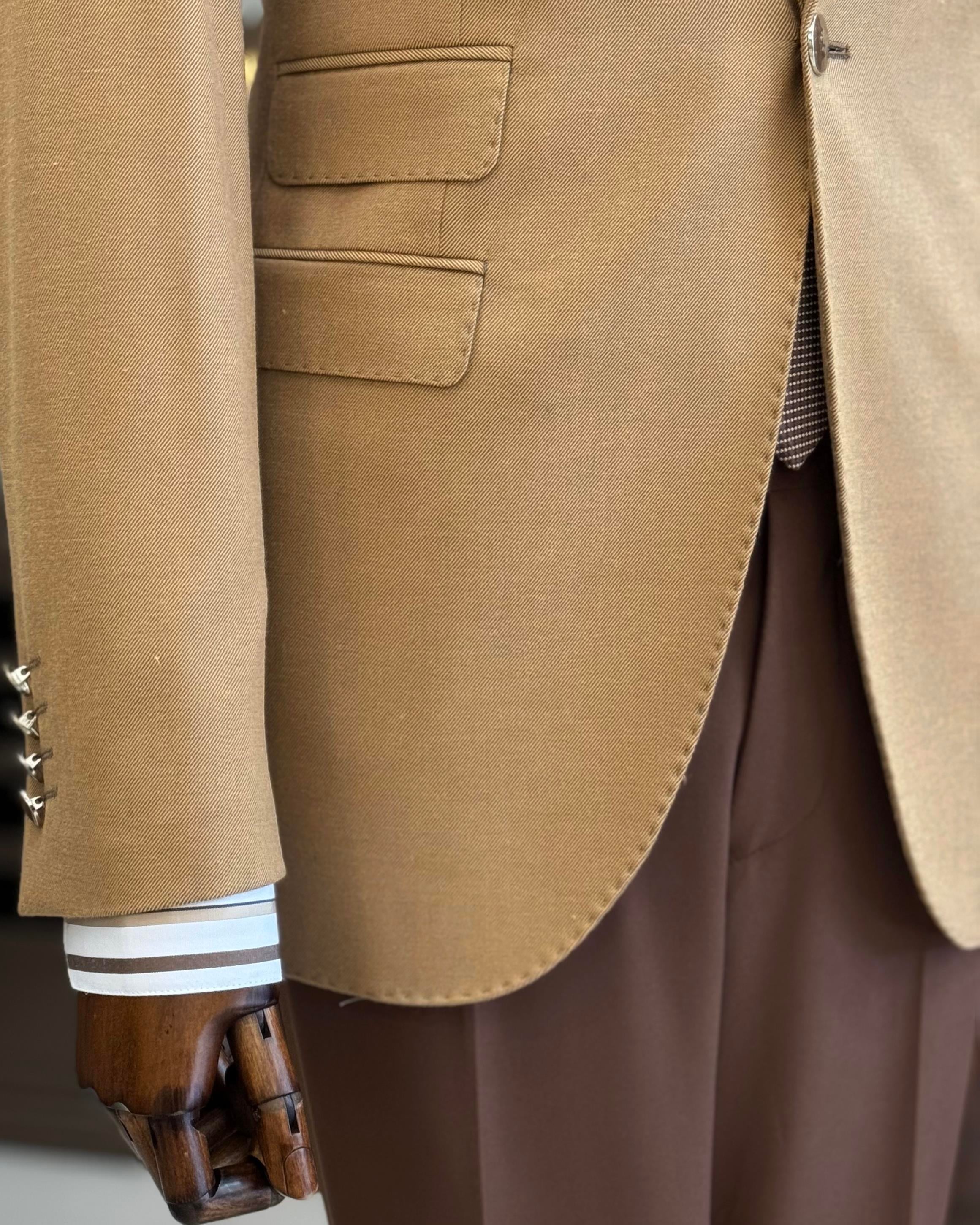 TerziAdemAltun İtalyan stil slim fit mono yaka erkek ceket camel