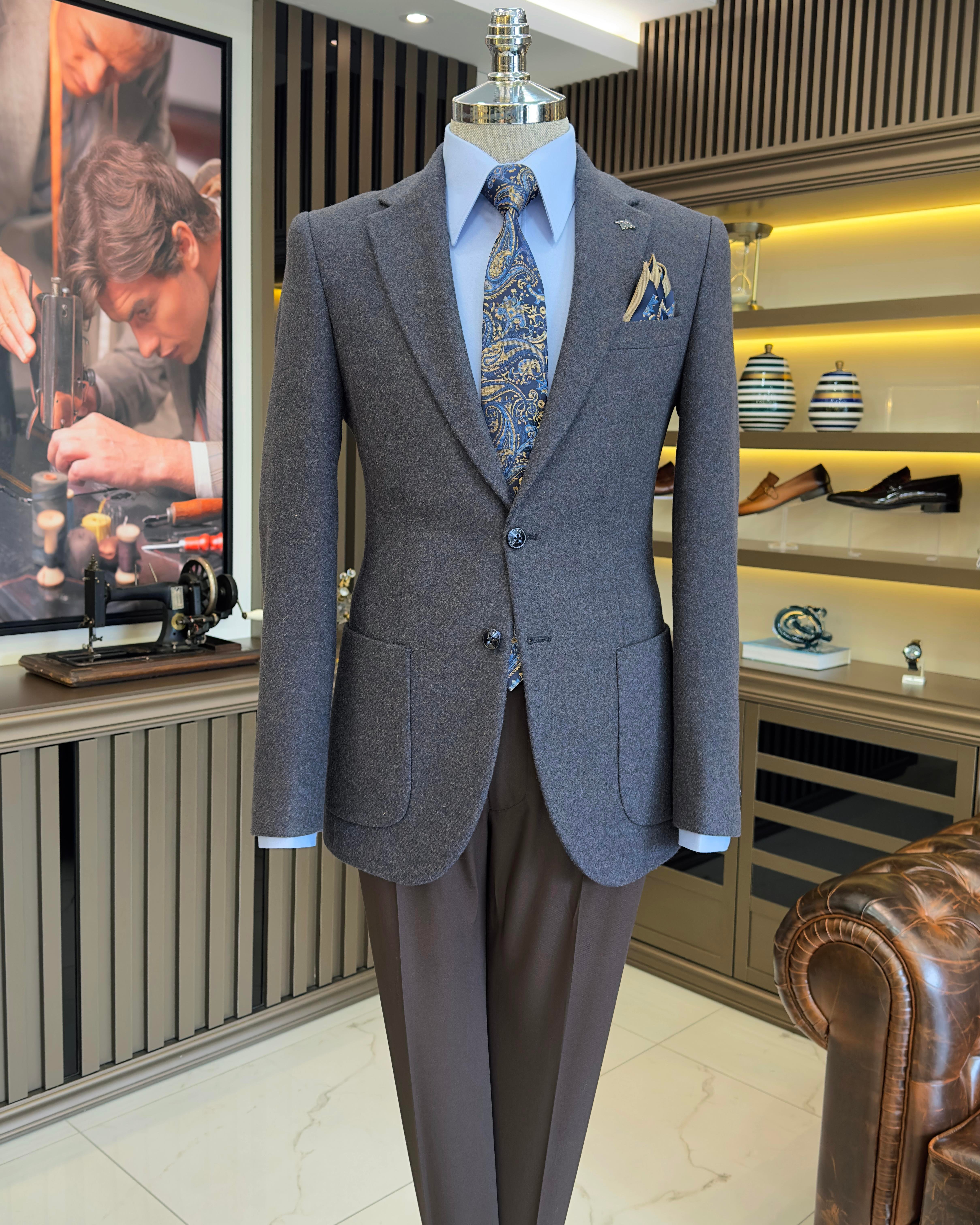 TerziAdemAltun İtalyan stil slim fit mono yaka kaşe erkek ceket