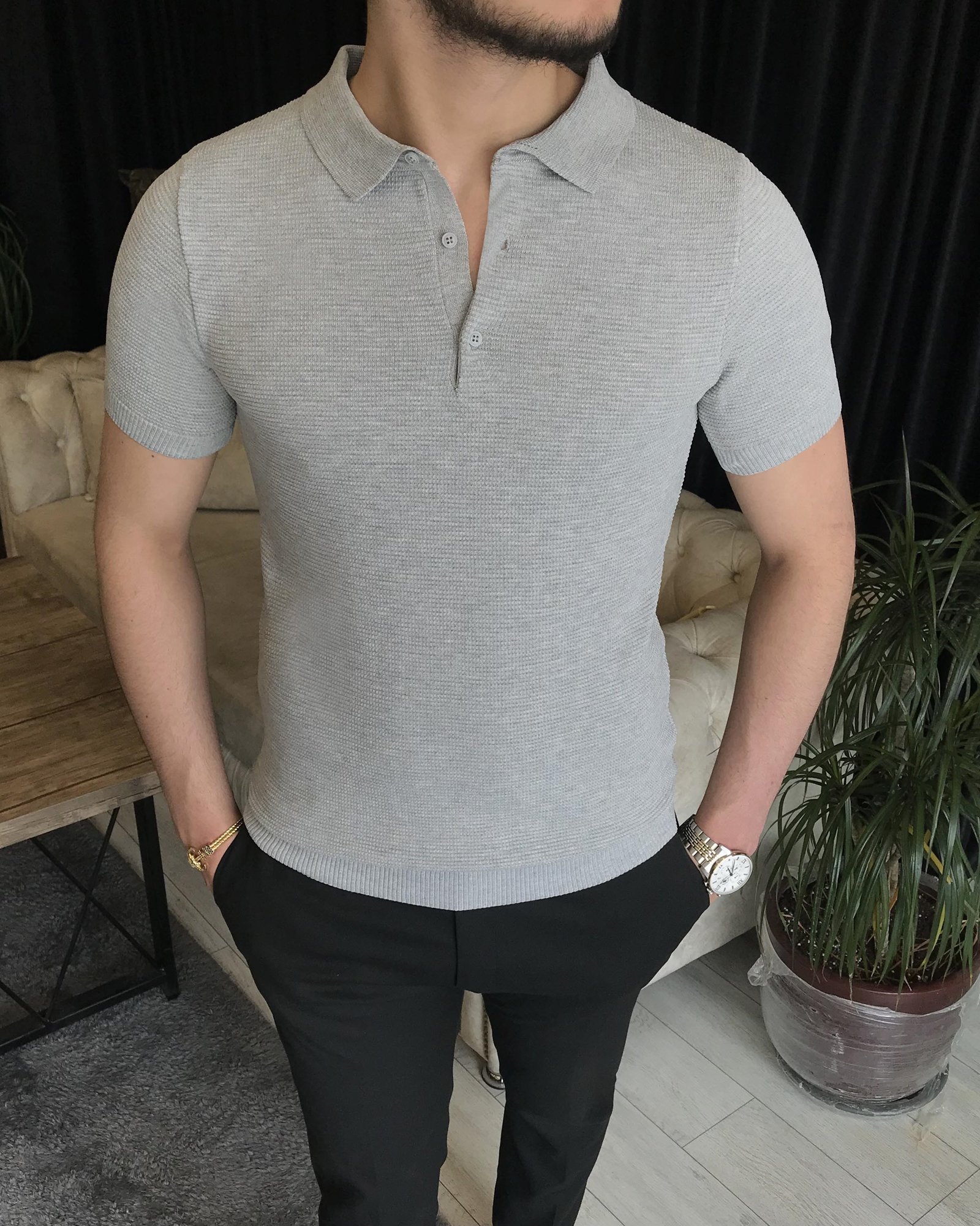 Italian style slim fit polo collar short sleeve cotton knit t-shirt Gray  T7387