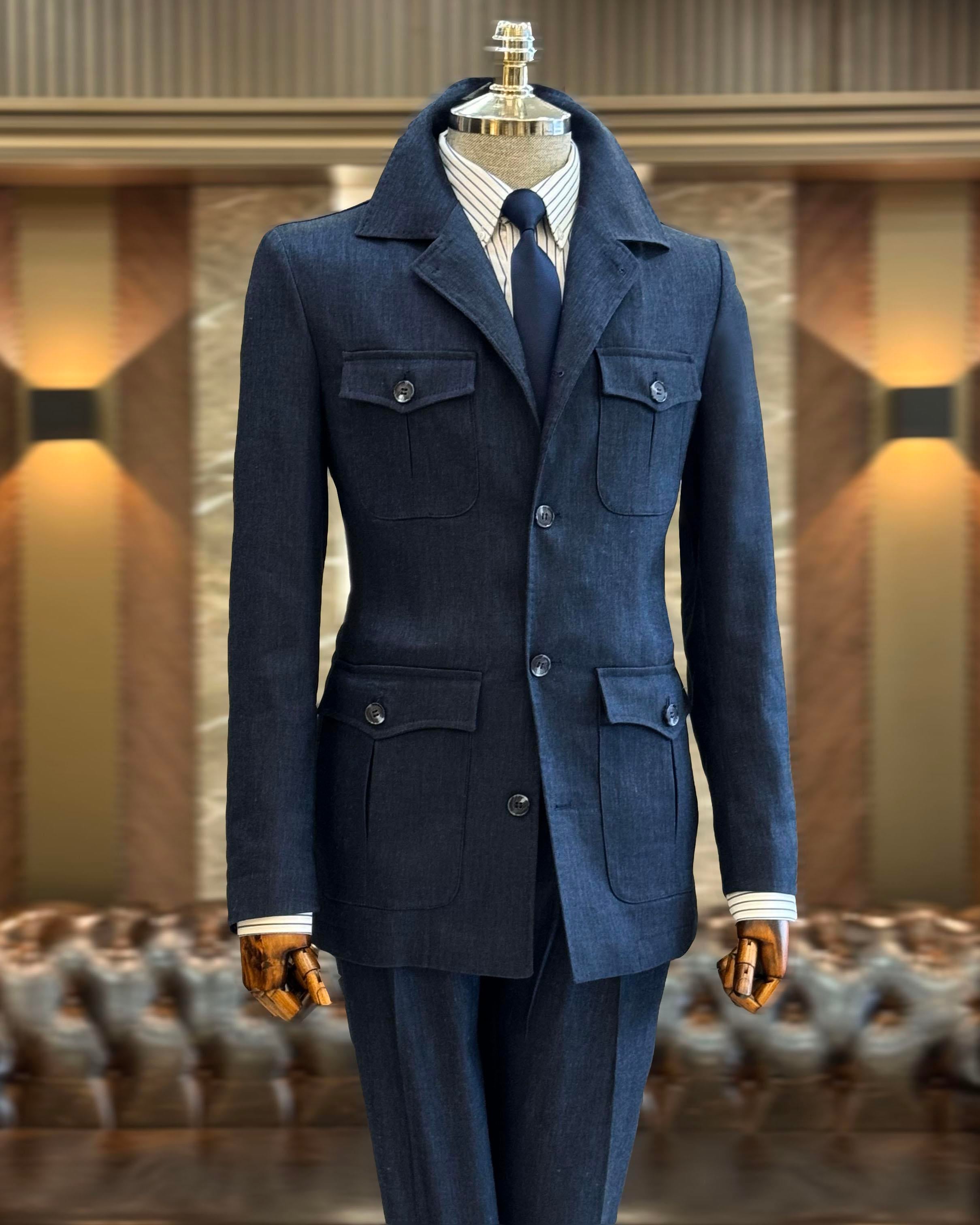 Italian style slim fit safari jacket pants suit navy blue T11961