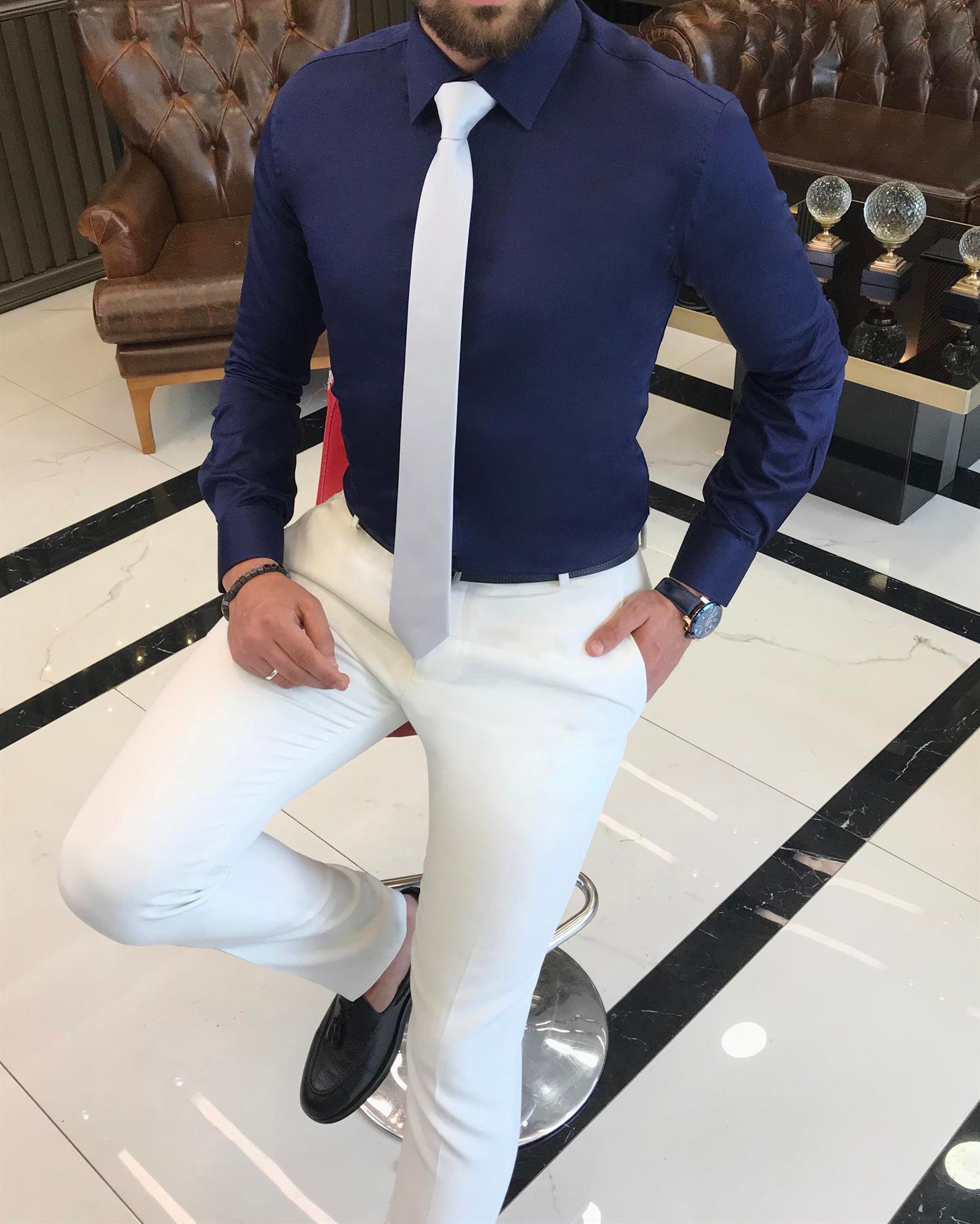 İtalyan stil slim fit saten pamuk erkek kravat yaka gömlek parlement T9425