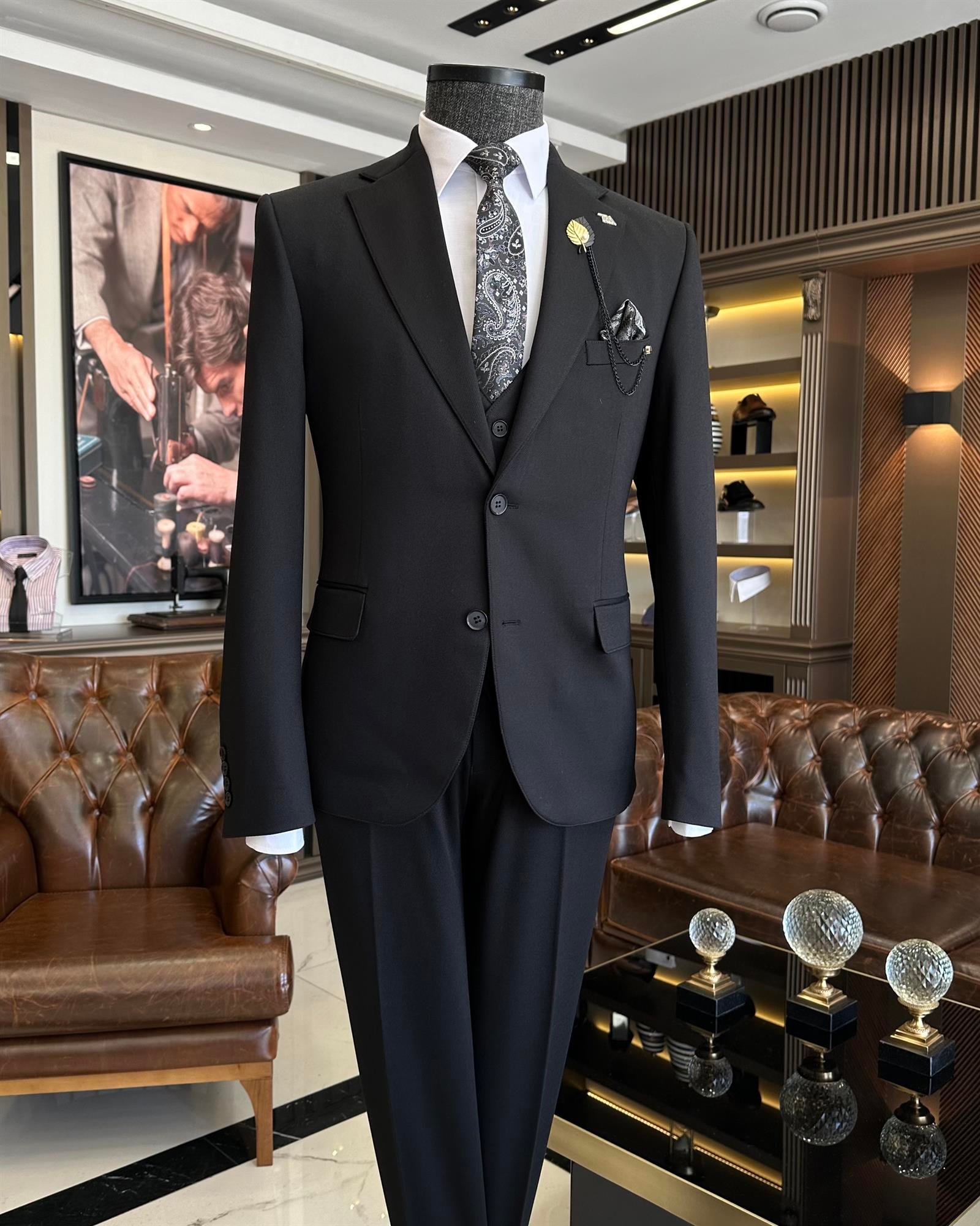 İtalyan stil slim fit yün karışımlı ceket yelek pantolon takım elbise siyah  T9841