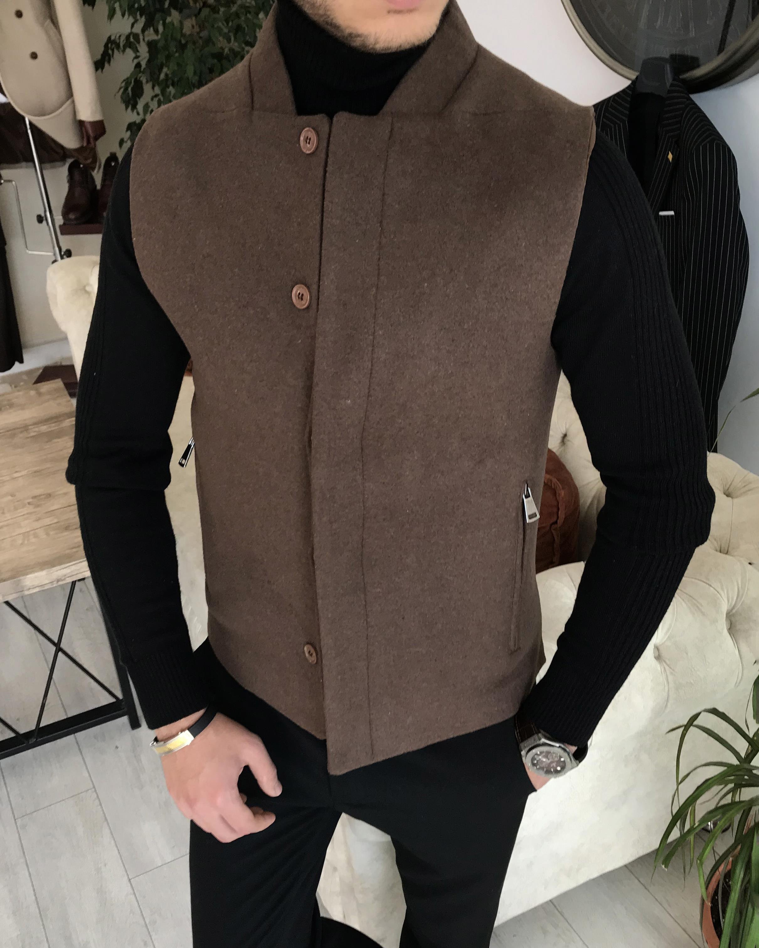 Italian Style Slim Fit Wool Mixture Judge Collar Waistcoat Brown T8338