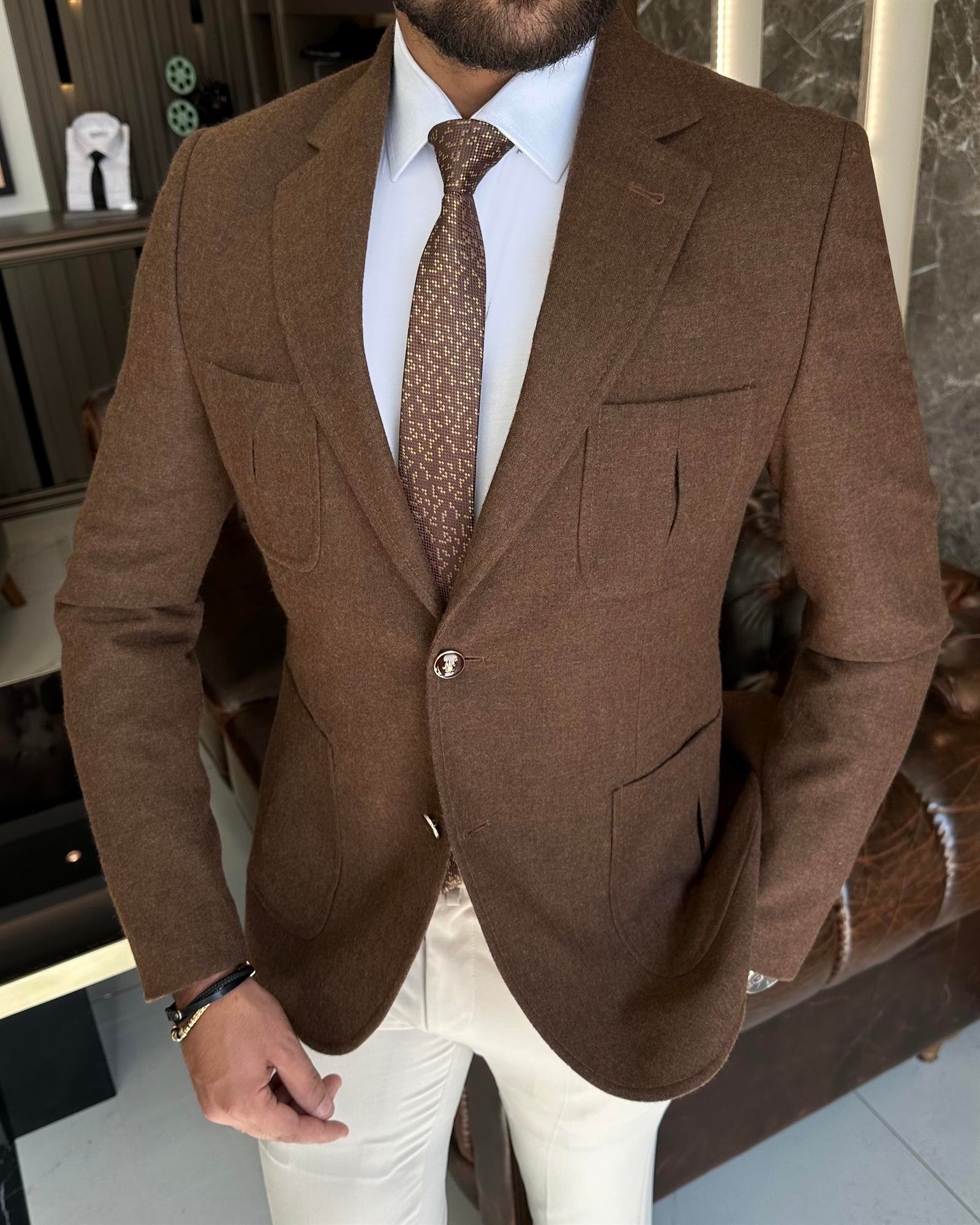 TerziAdemAltun İtalyan stil slim fit yün karışımlı mono yaka erkek