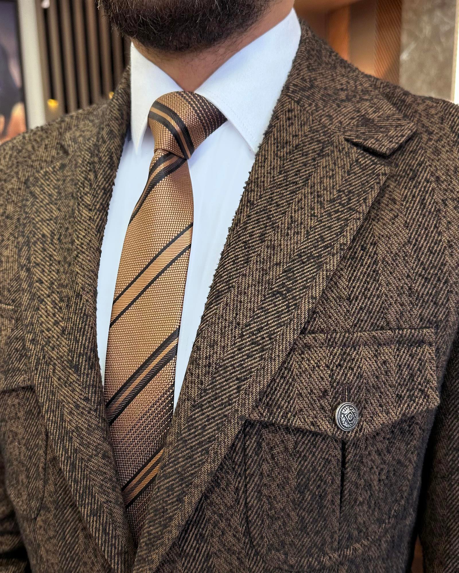 İtalyan stil slim fit yün karışımlı safari erkek ceket kahverengi
