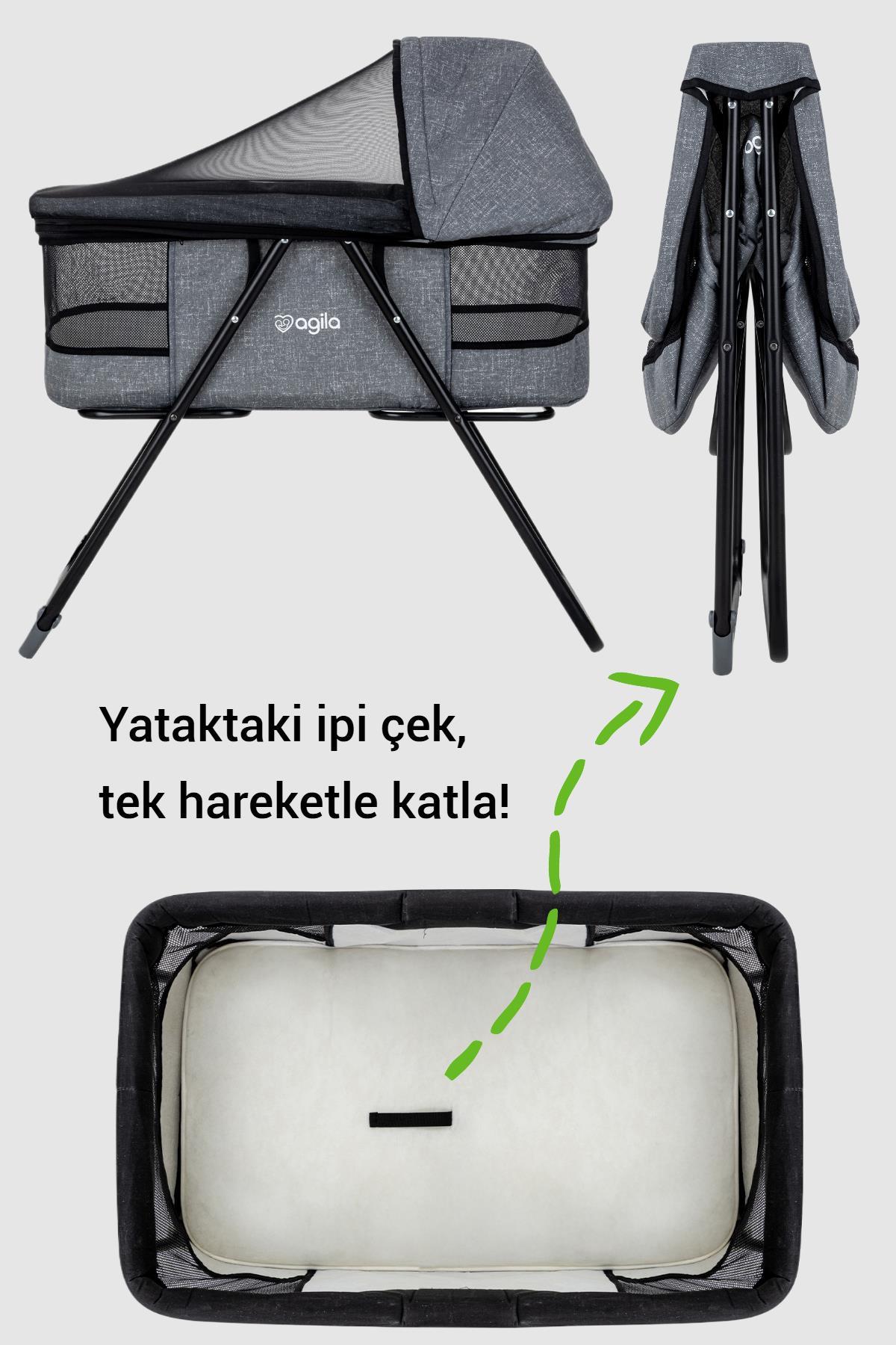 Agila Katlanır Bebek Beşiği, Portatif Beşik, Anne Yanı Bebek Beşiği - Gri