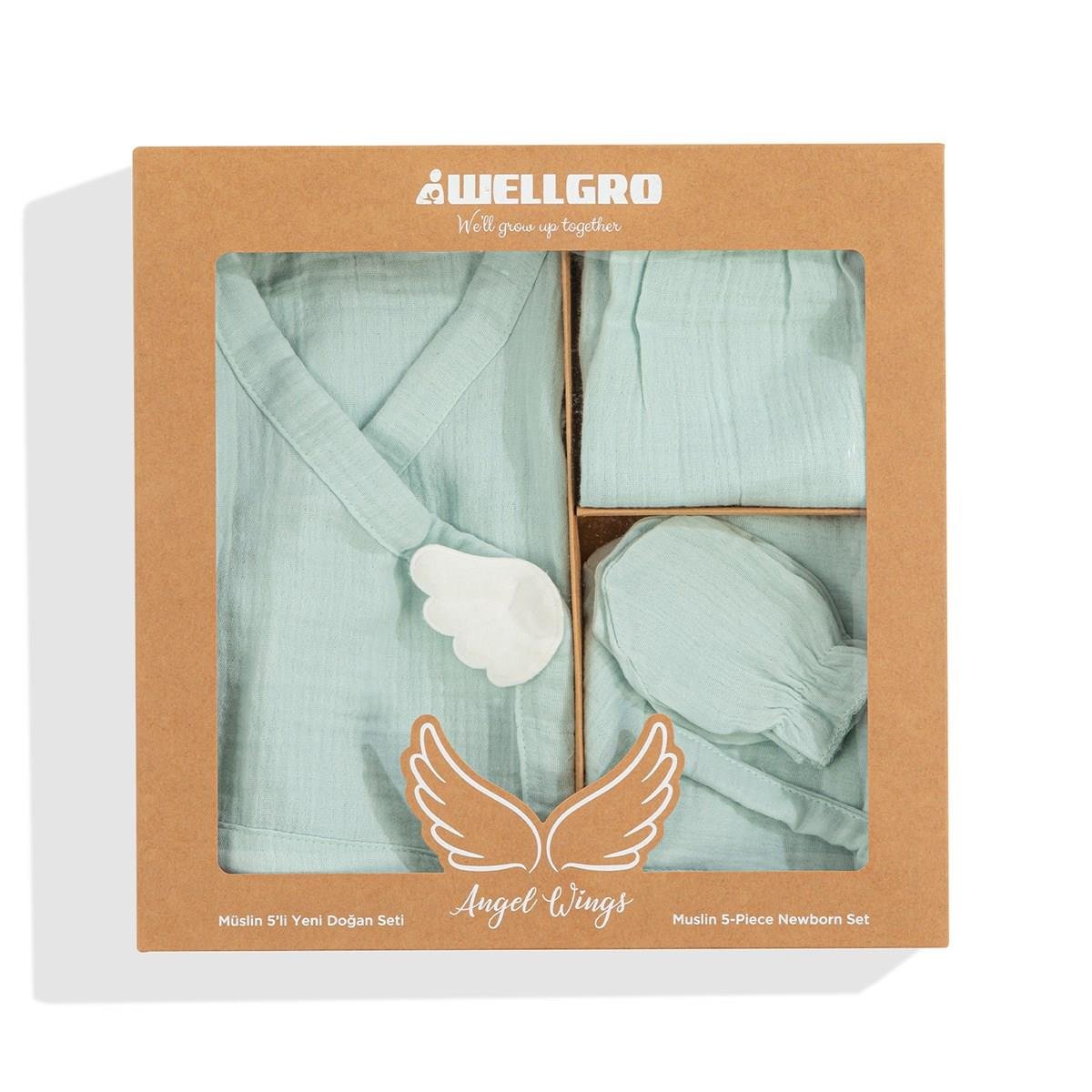 Wellgro Angel Wings Hastane Çıkışı Müslin 5li Yeni Doğan Seti-Mint