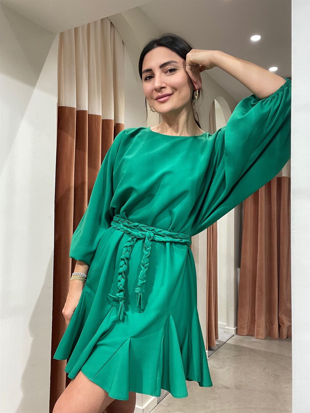İtalyan Krep Mendil Etekli Elbise Yeşil - Atelier Aliz