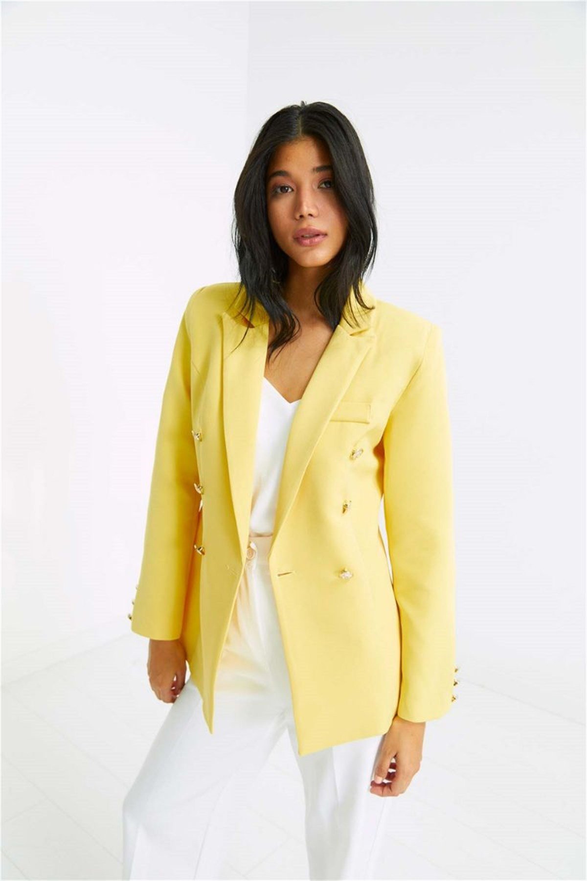 Gold Düğmeli Kruvaze Blazer Sarı Kadın Ceket