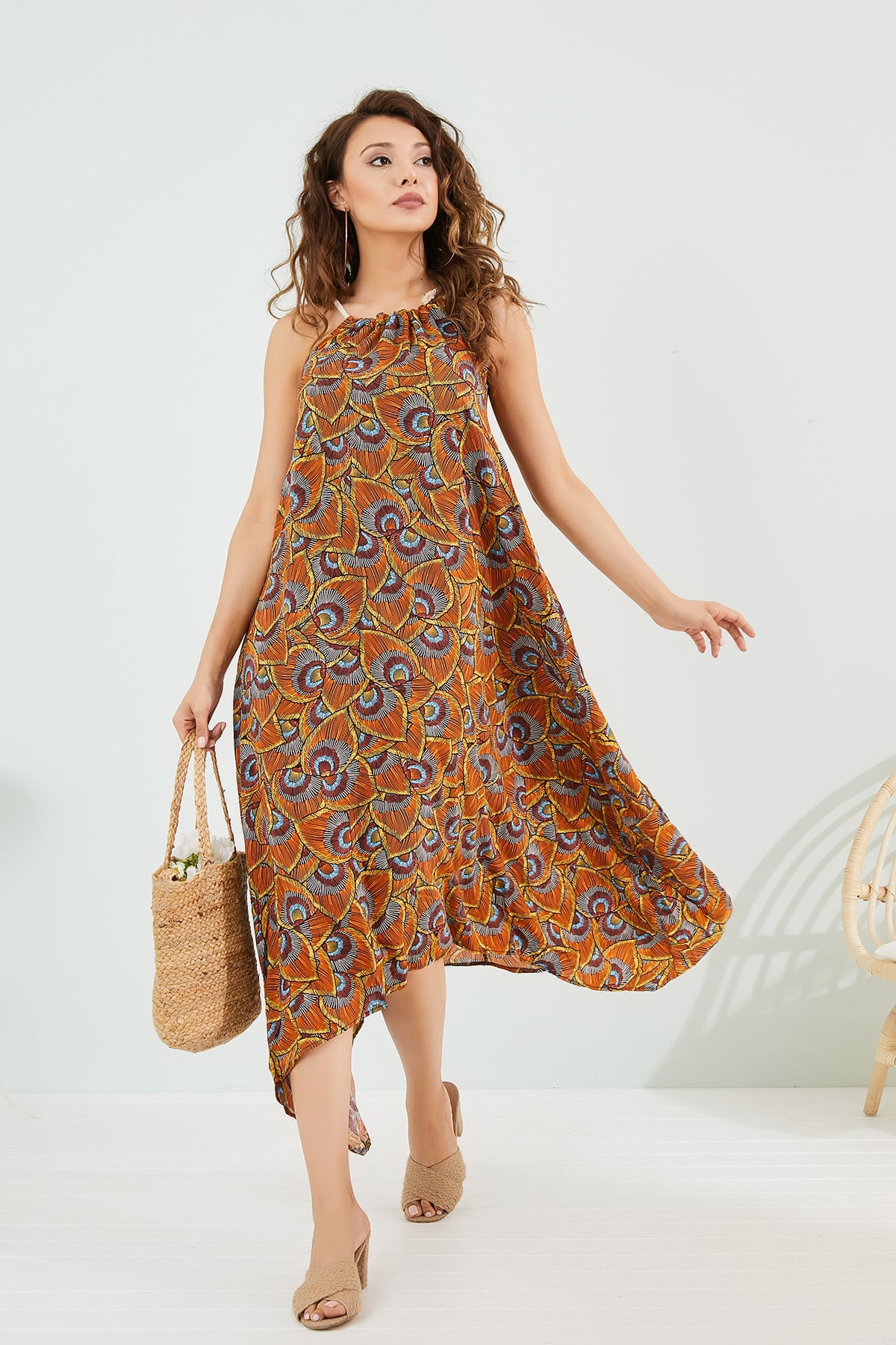 Asymmetrical Dress - CINNAMON-MUSTARD