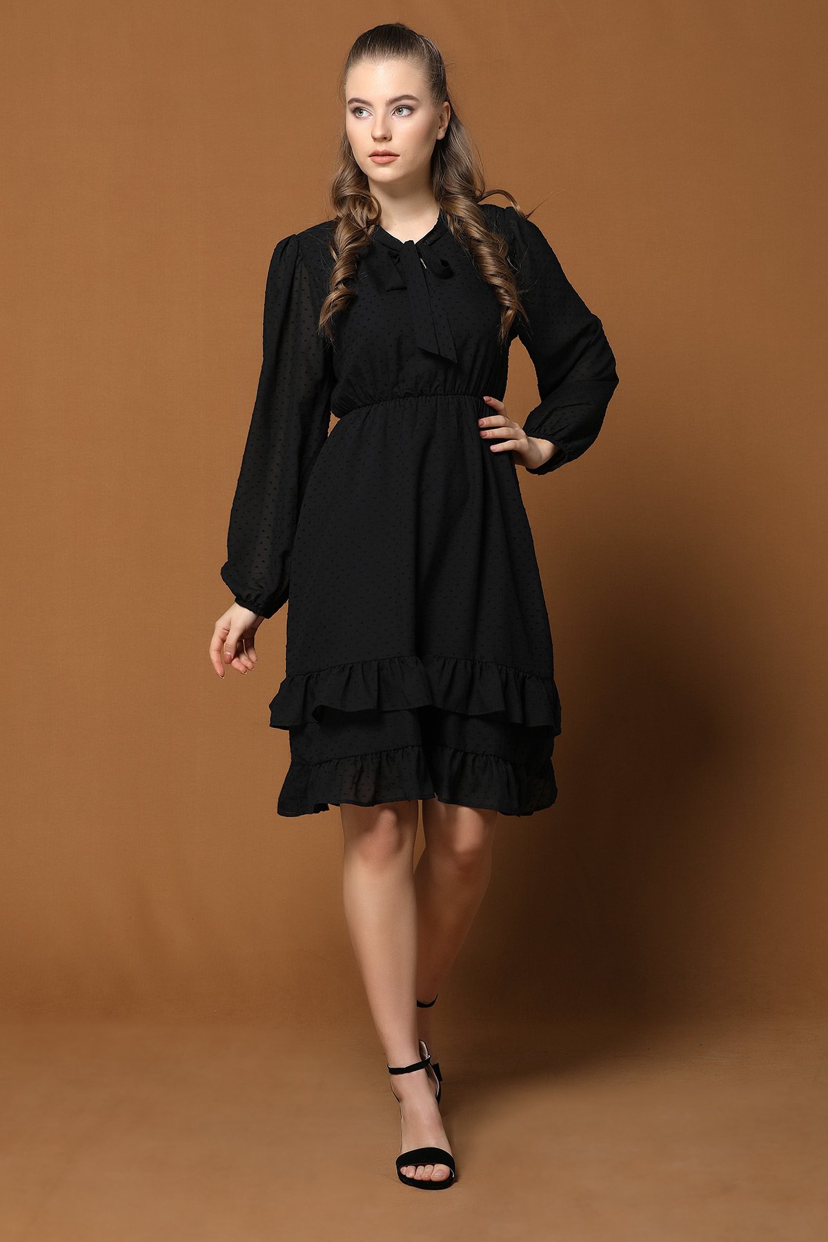 Siyah Eteği Fırfırlı Şifon Elbise 303198- tozlu.com