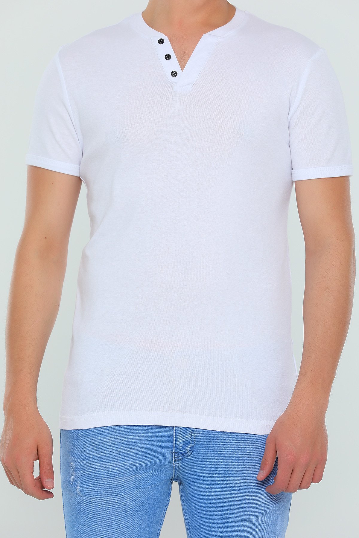Beyaz Likralı Yaka Düğmeli Erkek T-shirt
