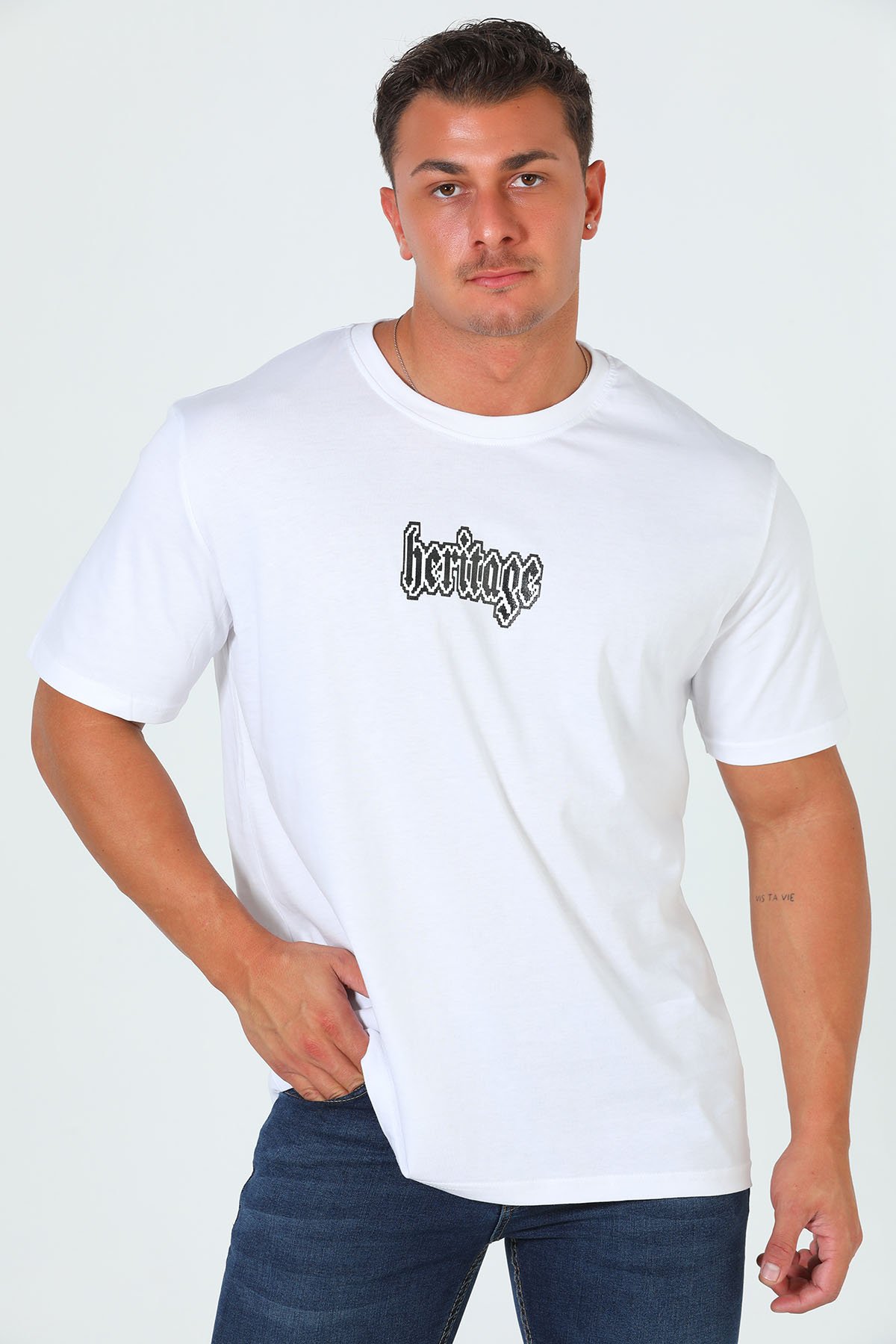 Erkek Bisiklet Yaka Baskılı T-shirt Beyaz 500178 - tozlu.com