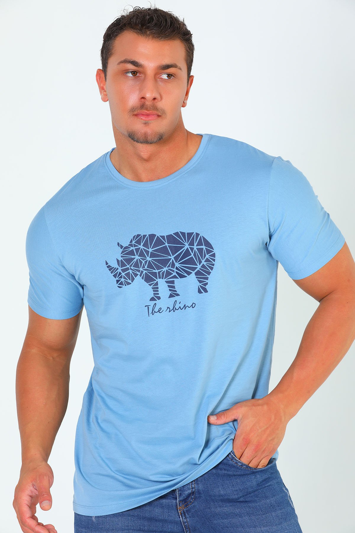 Erkek Bisiklet Yaka Baskılı T-shirt Mavi 501158 - tozlu.com
